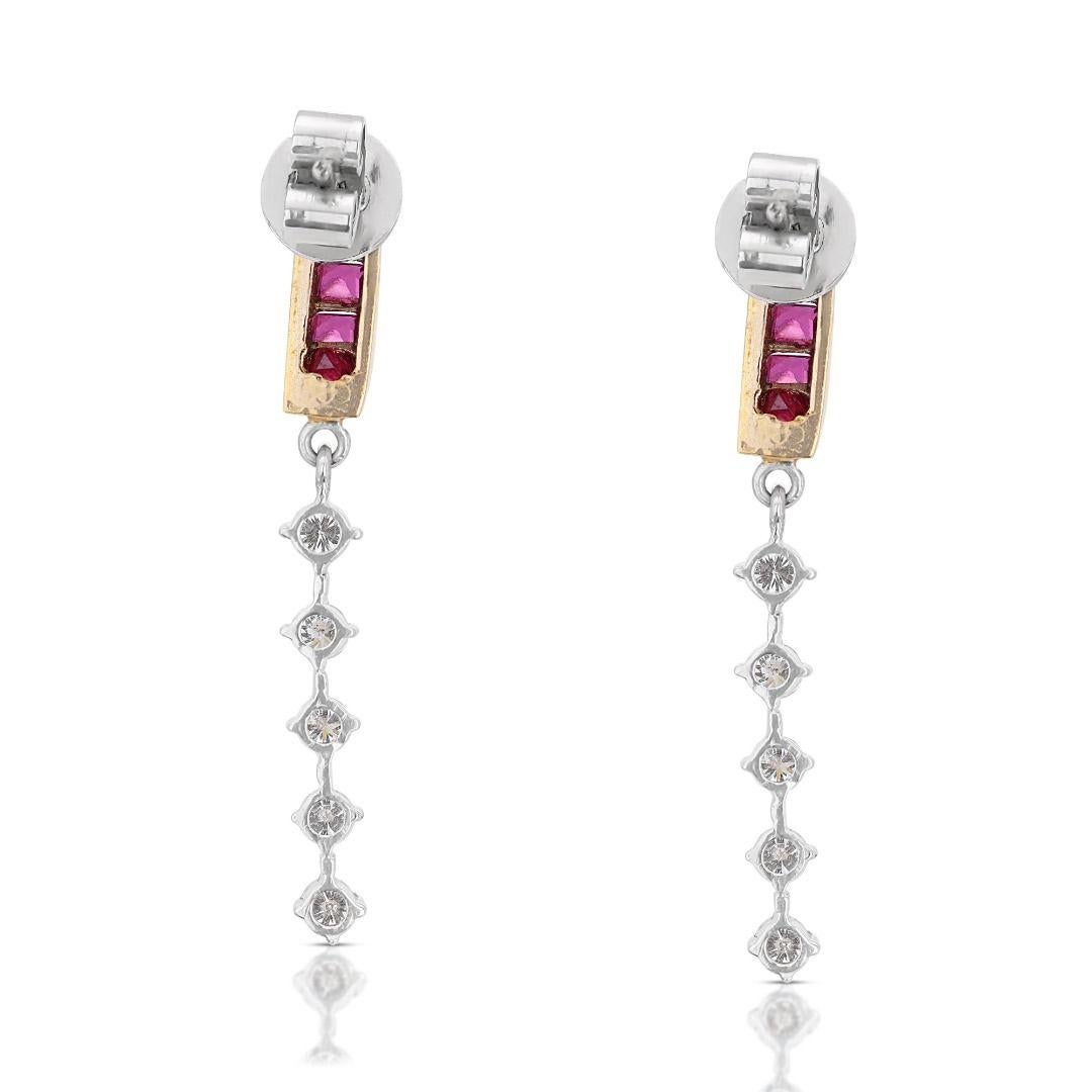 Sophisticated 0.90ct Ruby and Diamond Dangling Earrings set in 14K Yellow Gold For Sale 2