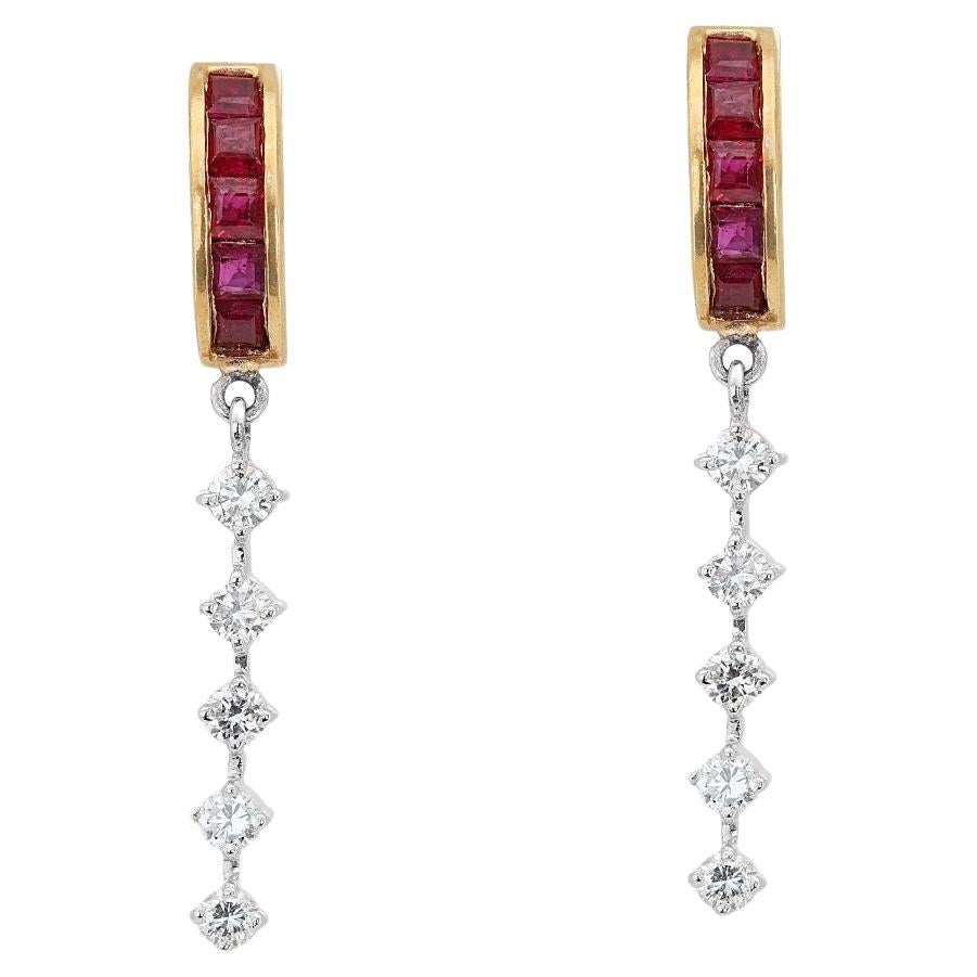Sophisticated 0.90ct Ruby and Diamond Dangling Earrings set in 14K Yellow Gold For Sale
