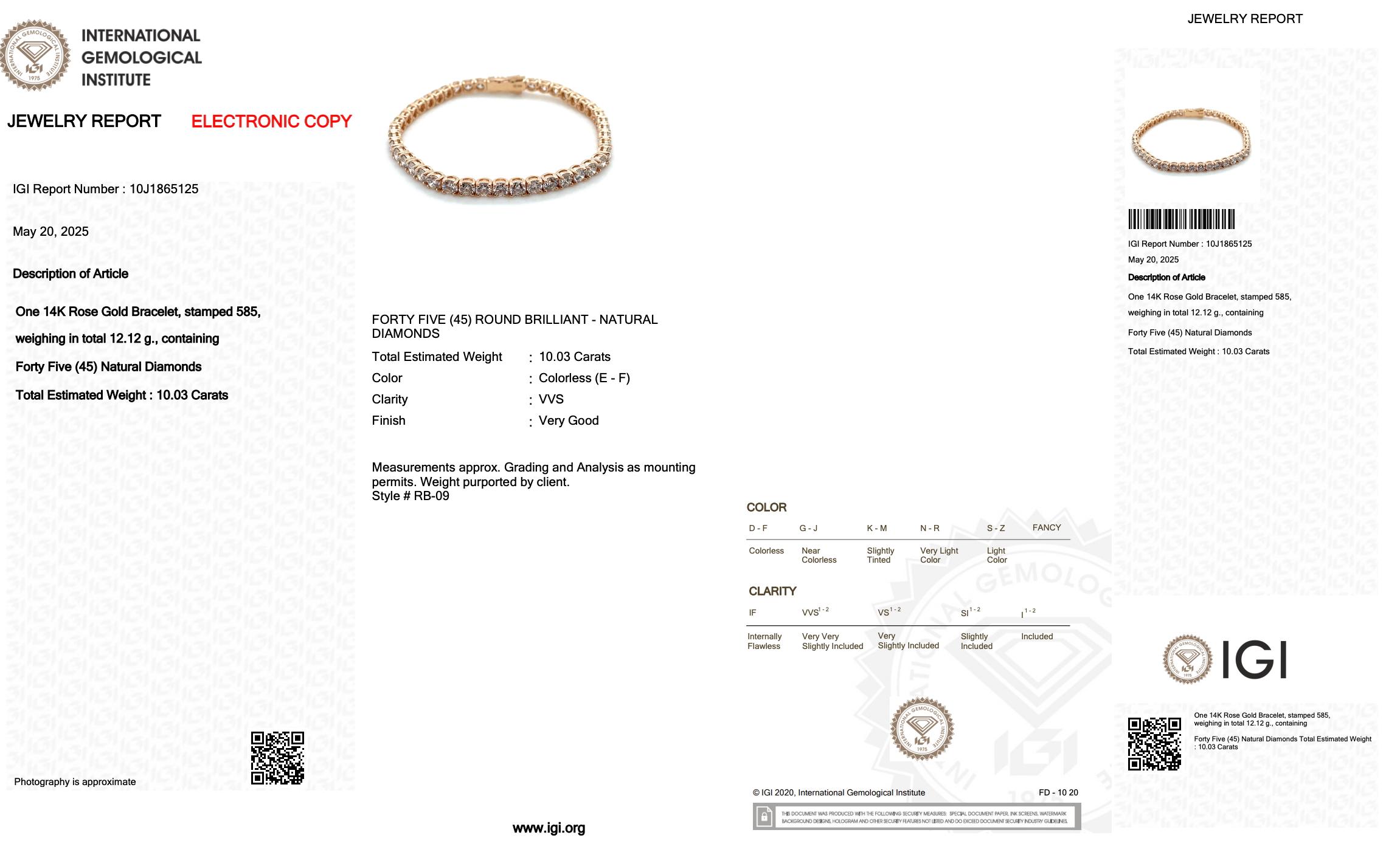 Sophisticated 10.03ct Diamonds Tennis Bracelet in 14k Rose Gold - IGI Certified in vendita 1