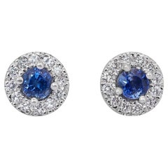 Sophisticated 1.08ct Sapphires and Diamonds Halo Stud Earrings in 14k White Gold