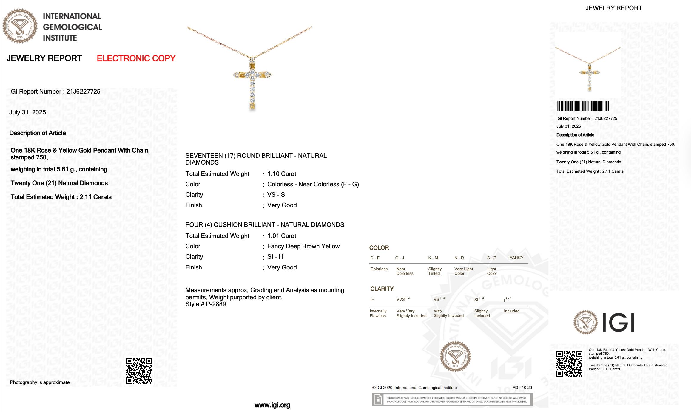 Sofisticato ciondolo in oro giallo 18 carati con diamanti da 1,10 carati e catena in oro rosa 18 carati in vendita 1