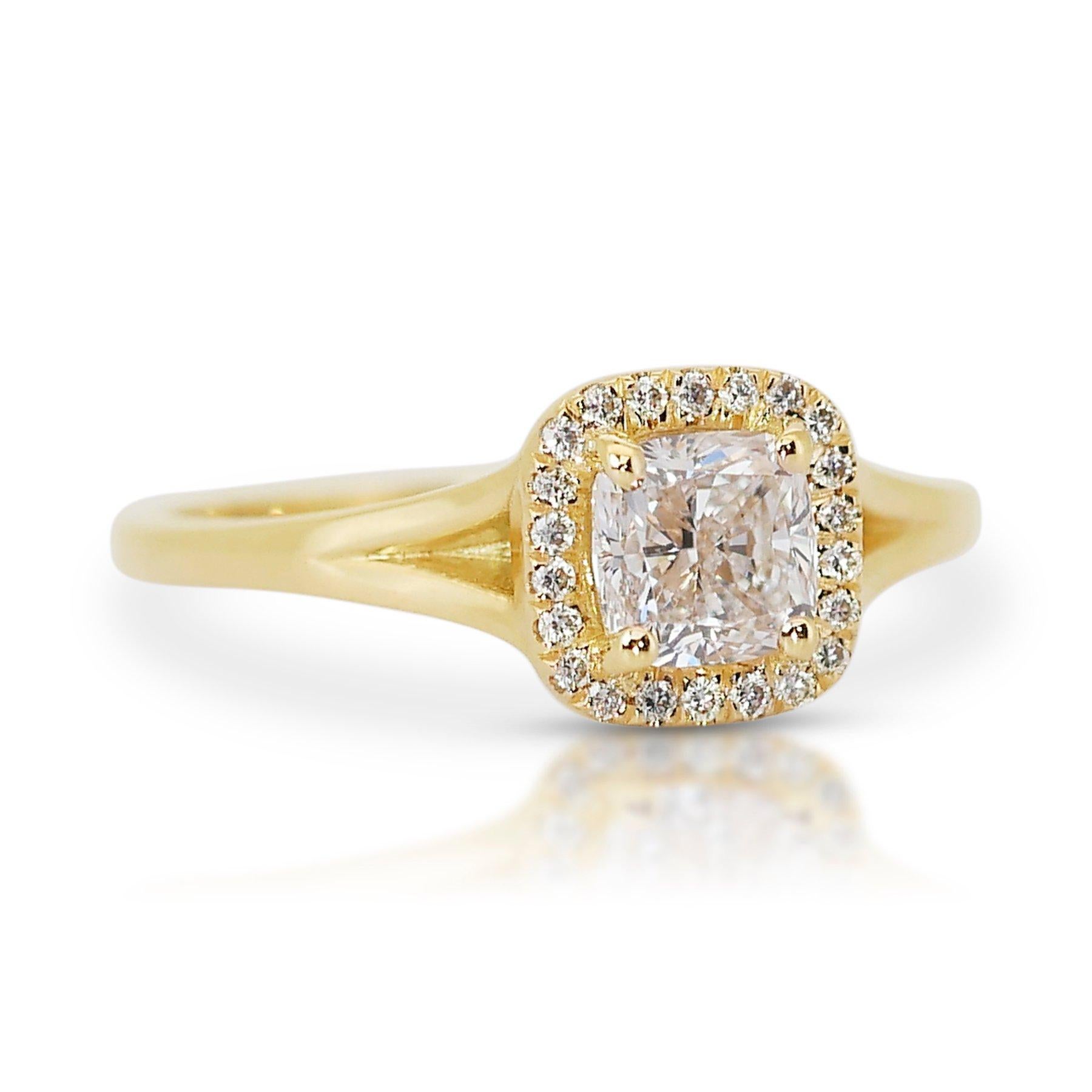 Sophisticated 1.19ct Double Excellent Ideal Cut Diamond Halo Ring in 18k Yellow Gold  - GIA Certified

Experience the allure of this exquisite 18k yellow gold diamond halo ring, showcasing a stunning 1.06-carat cushion cut diamond. The main stone
