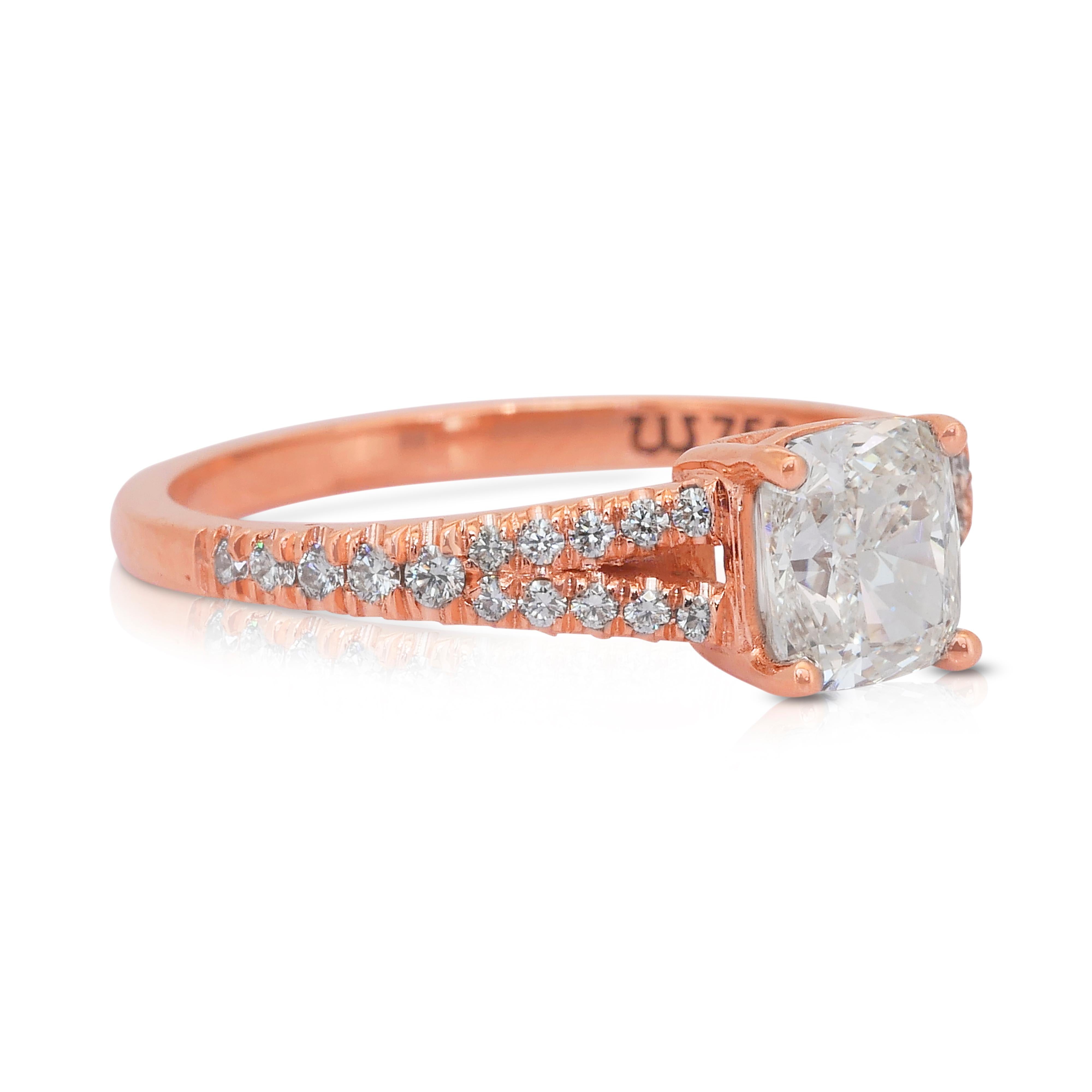 Cushion Cut Sophisticated 1.22ct Diamonds Pave Ring in 18k Rose Gold - IGI Certified For Sale