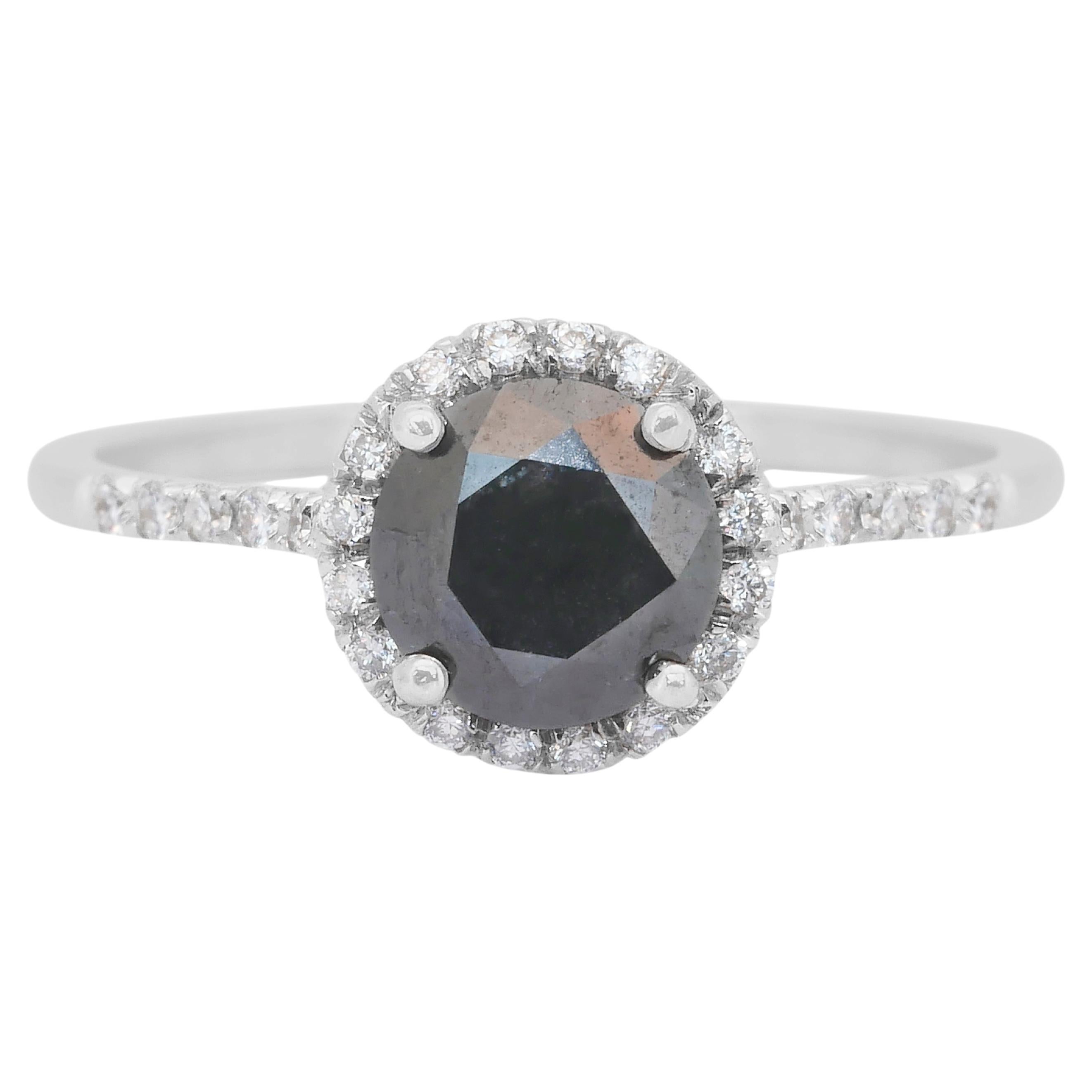 Bague sophistiquée en or blanc 14k avec halo de 1,41ct de diamants - Certifiée IGI en vente