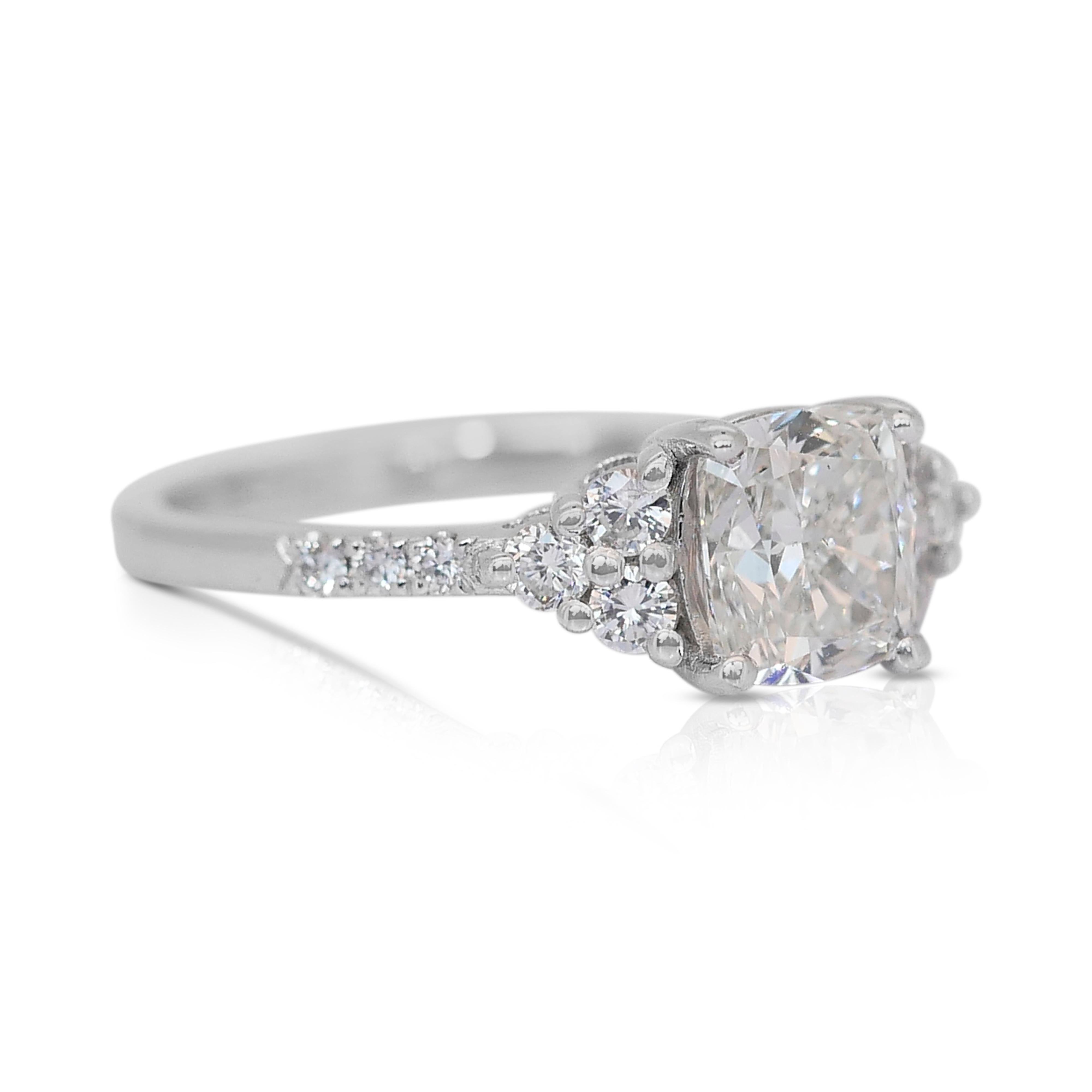 Cushion Cut Sophisticated 1.46ct Diamonds Pave Ring in 14k White Gold - IGI Certified For Sale