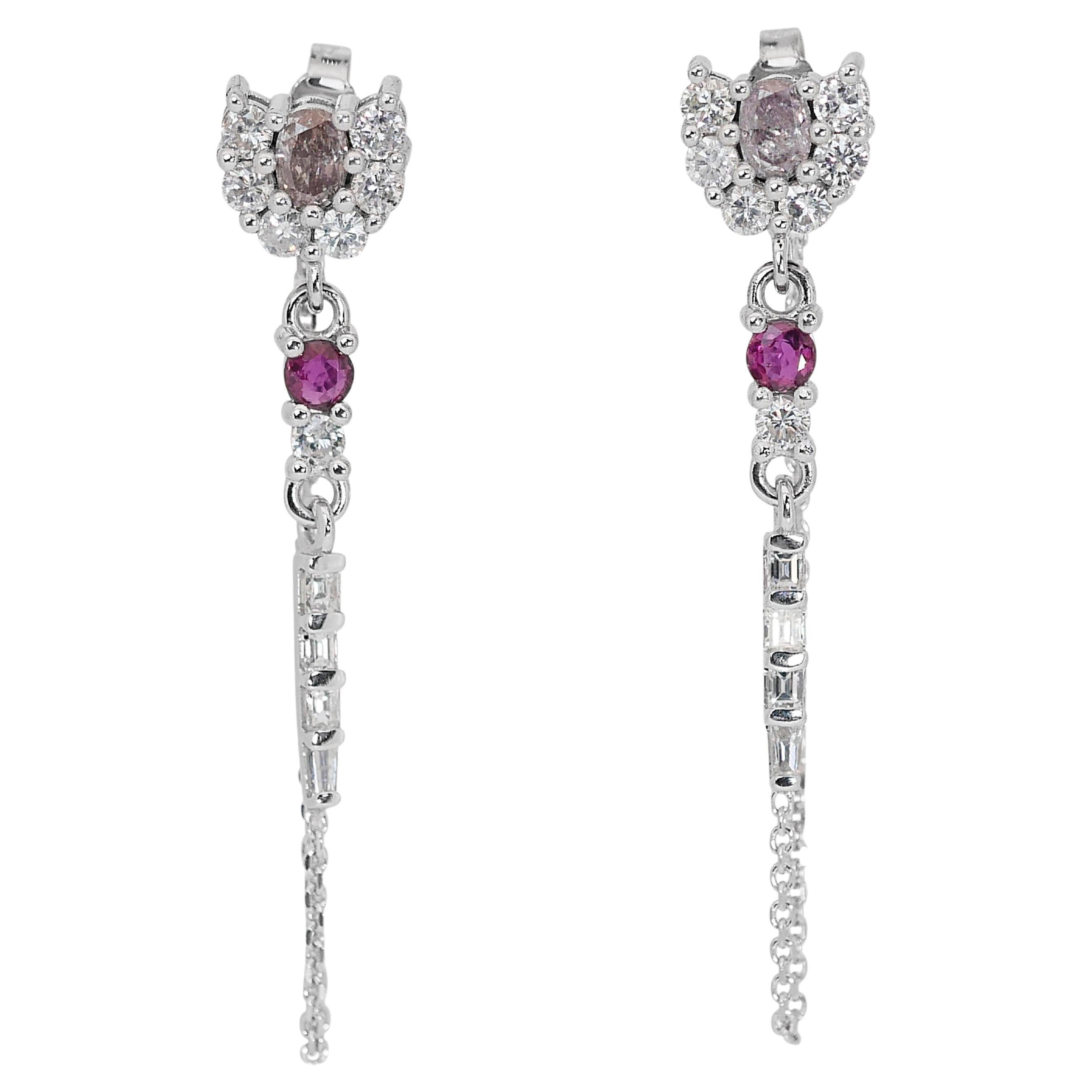 Sophisticated 14k White Gold Diamond and Ruby Drop Earrings w/1.06 ct - IGI Cert