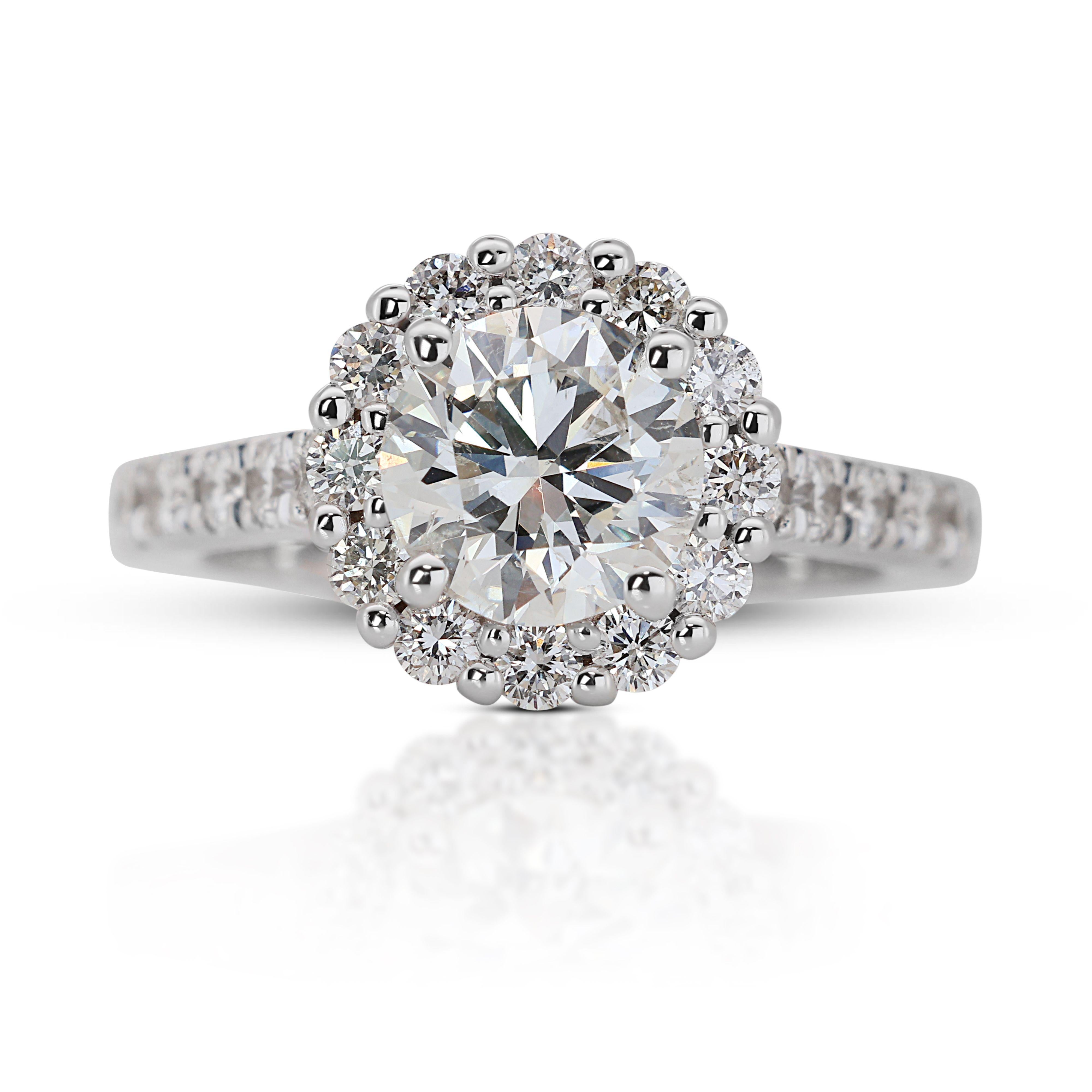 Round Cut Sophisticated 14k White Gold Halo Ring w/ 1.43 Carat Natural Diamonds
