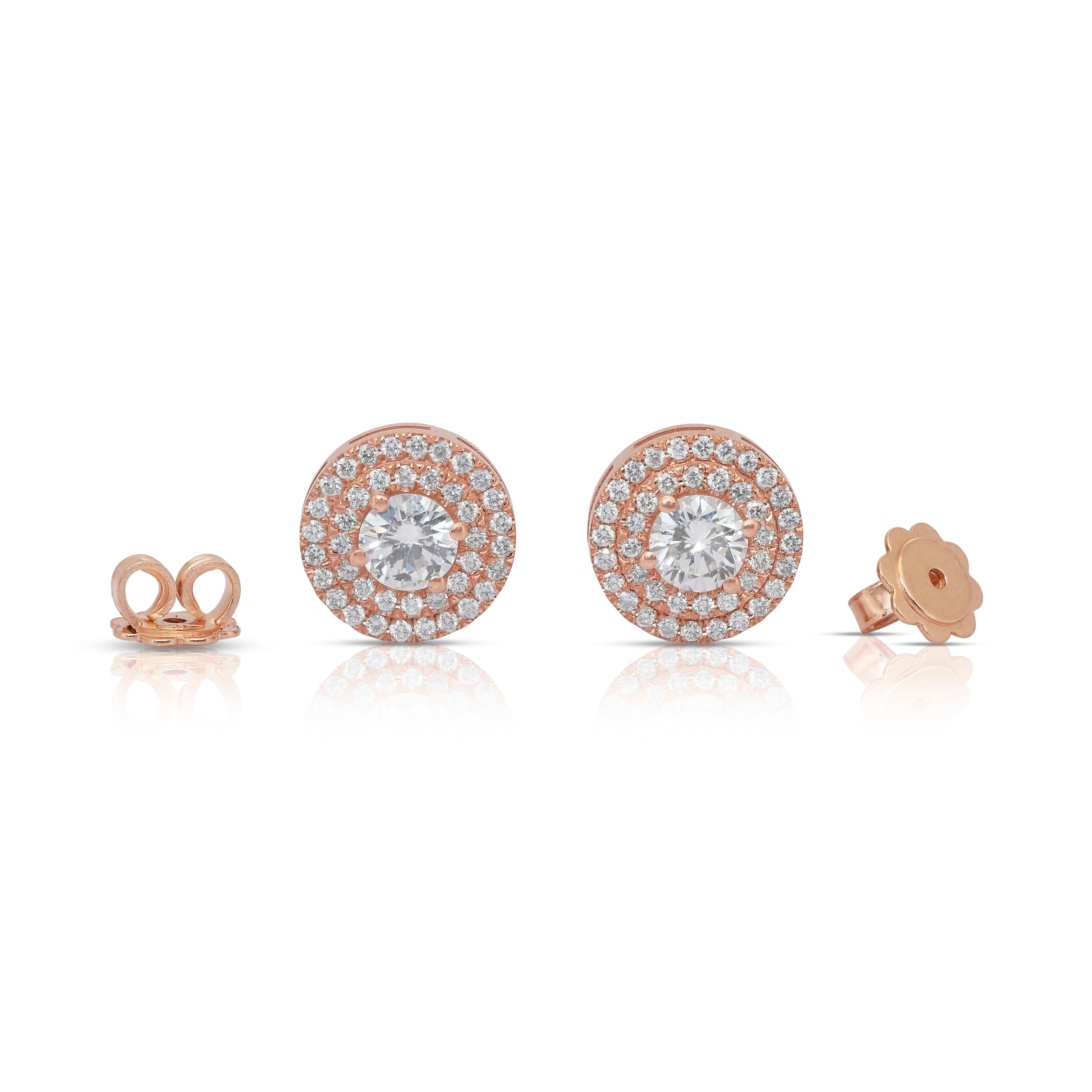 Sophisticated 1.65ct Diamonds Double Halo Stud Earrings in 18k Rose Gold in vendita 4