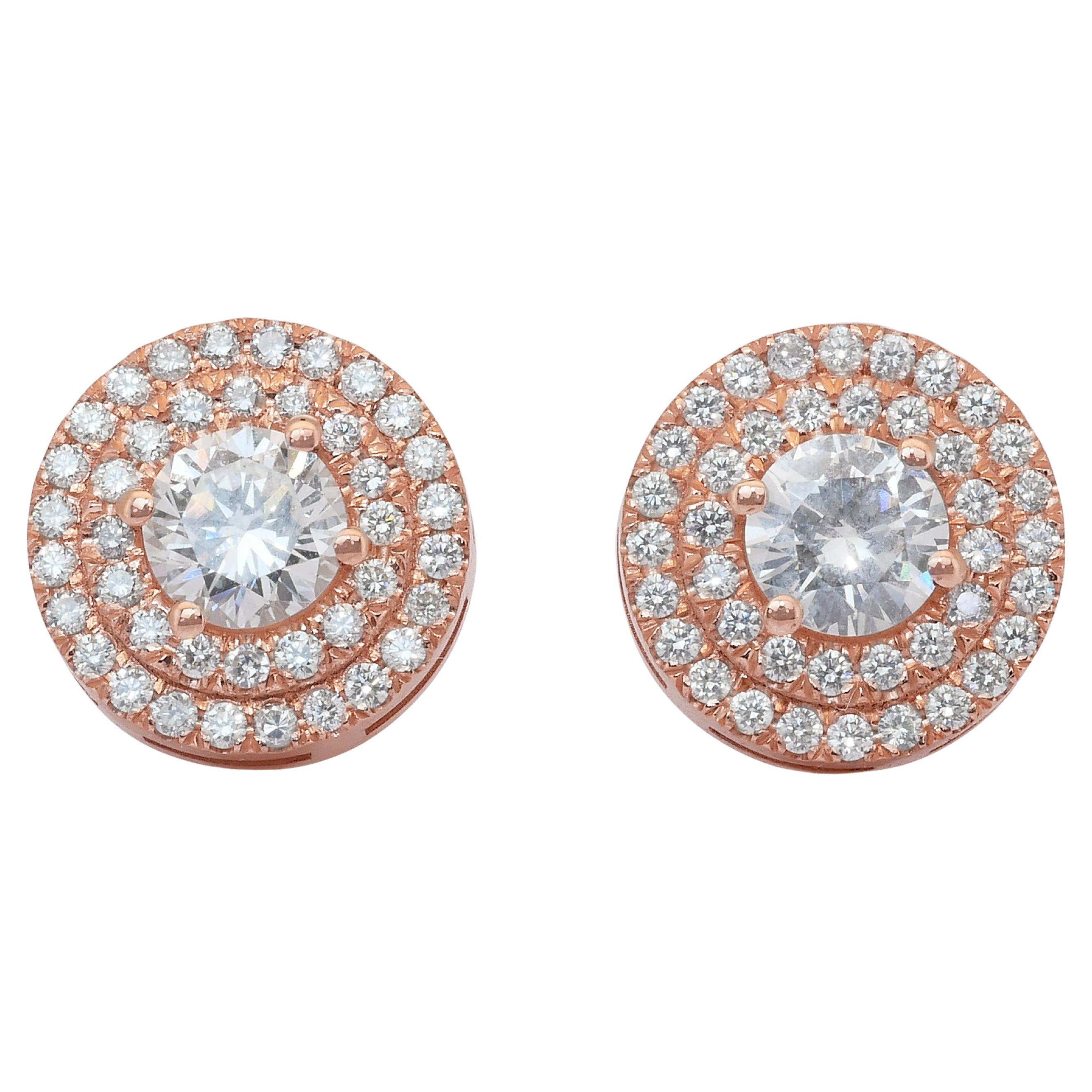 Sophisticated 1.65ct Diamonds Double Halo Stud Earrings in 18k Rose Gold