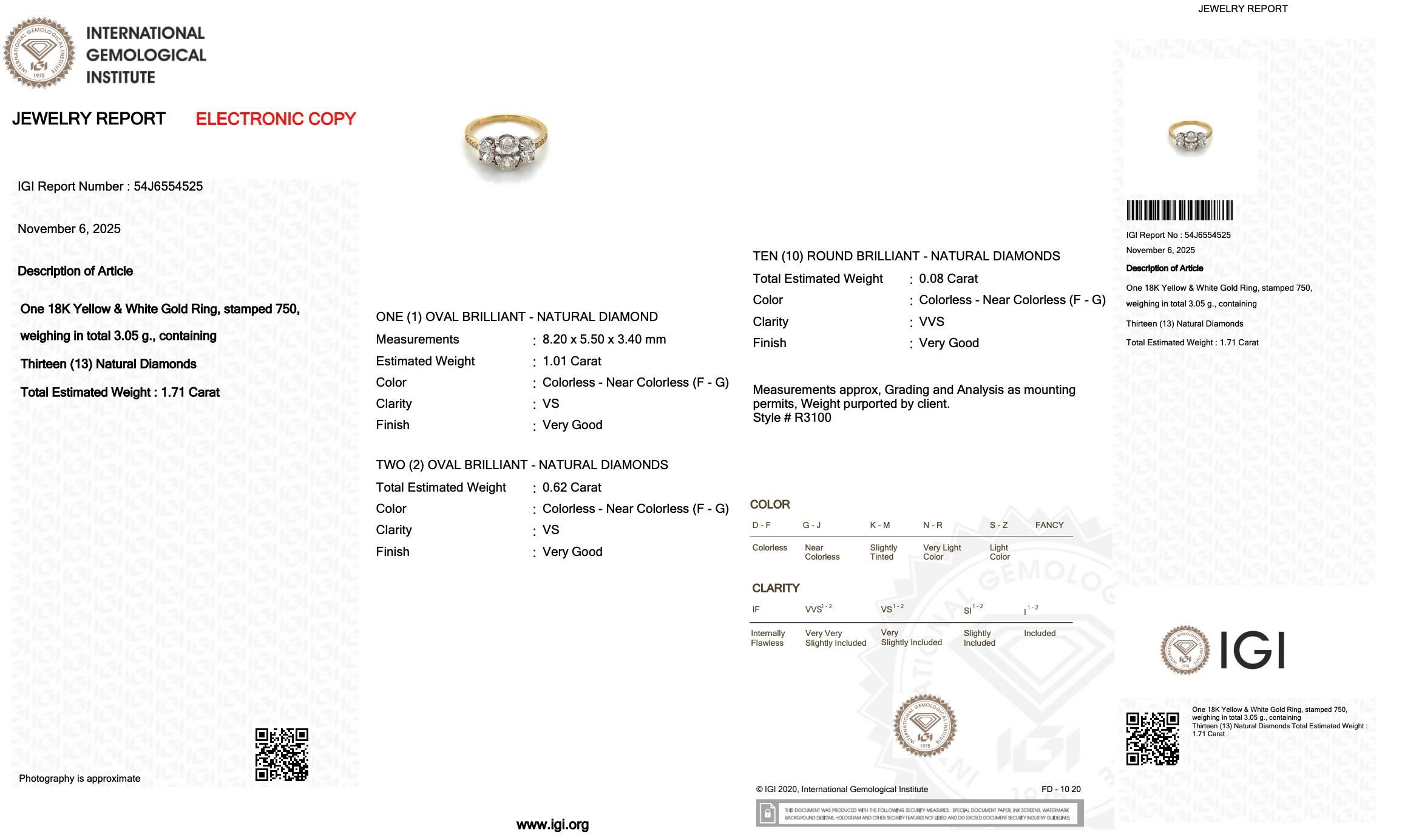 Donna Sofisticato anello a tre pietre con diamanti da 1,71 carati in oro bianco e giallo 18 carati in vendita