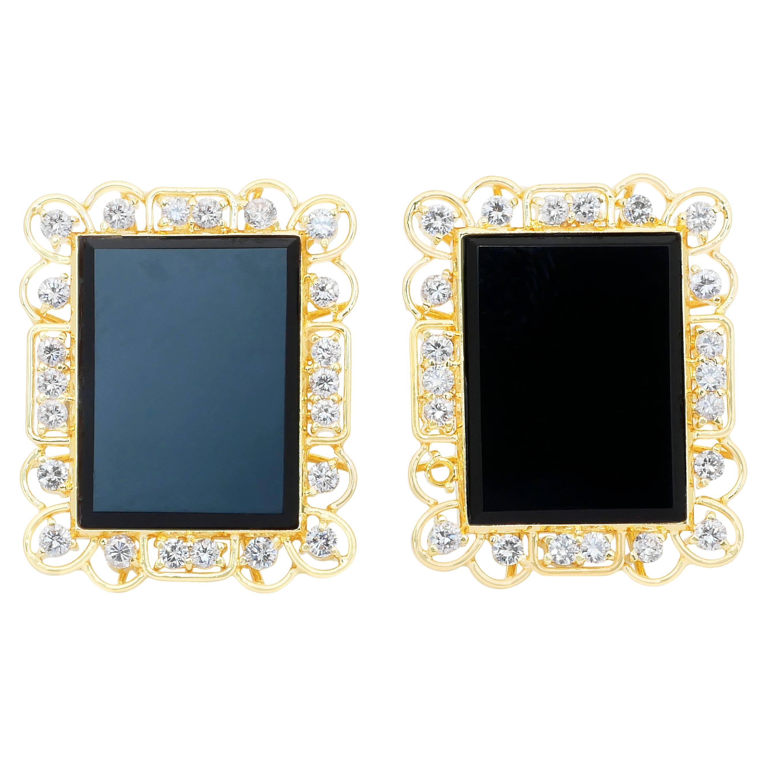Boucles d'oreilles sophistiquées en or jaune 18k avec onyx et diamants de 17,36ct en vente