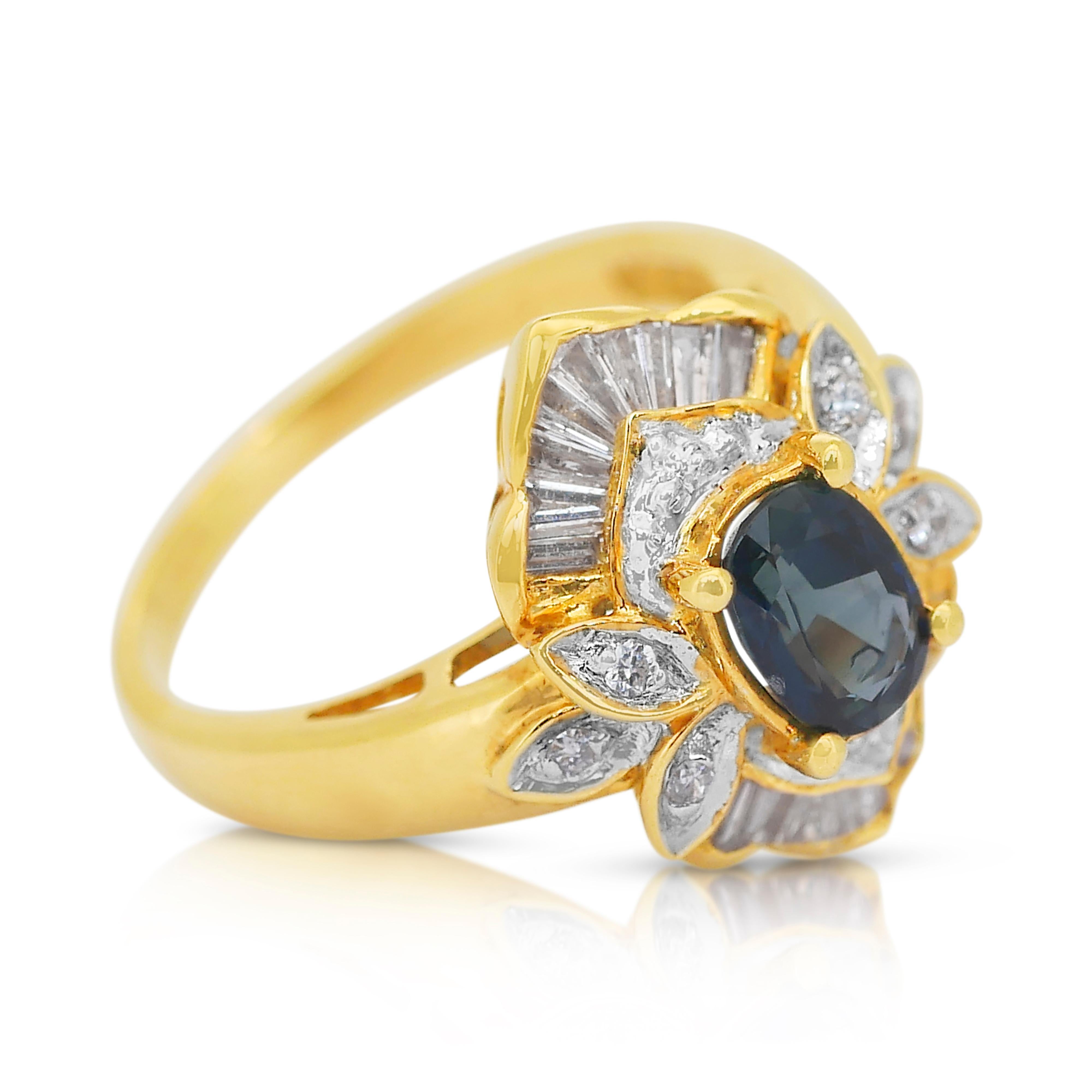 Sophisticated 1.75ct Sapphire and Diamonds Cluster Ring in 18k Yellow Gold - IGI Certified

Celebrate refined elegance with this stunning 18k yellow gold cluster ring, centered by a breathtaking 1.20ct oval blue sapphire that exudes rich color and