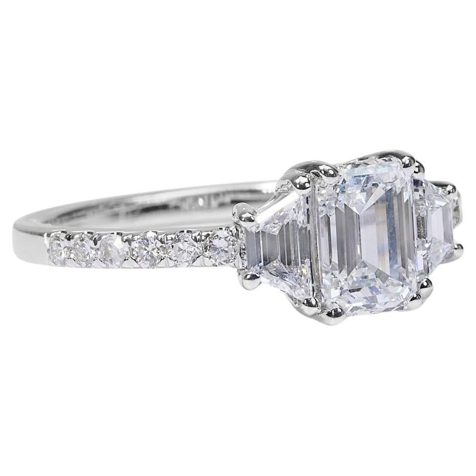 Sophisticated 1.84ct Emerald-Cut Diamond 3 Stone Ring in 18k White Gold - GIA Certified

Crafted in exquisite 18k white gold, this diamond 3-stone ring features a central 1.01 ct emerald-cut diamond. Surrounding the main diamond are 2 trapezoid