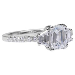 Sophisticated 1.84ct Emerald-Cut Diamond 3 Stone Ring in 18k White Gold - GIA