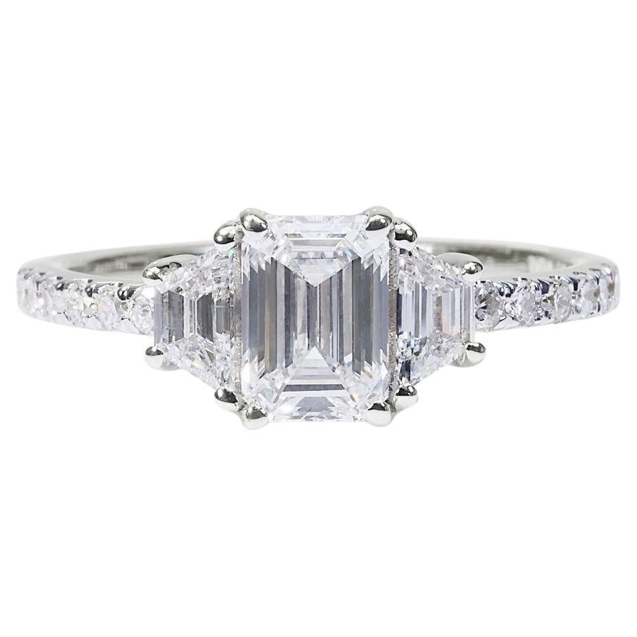 Sophisticated 1.84ct Emerald-Cut Diamond 3 Stone Ring in 18k White Gold - GIA  For Sale