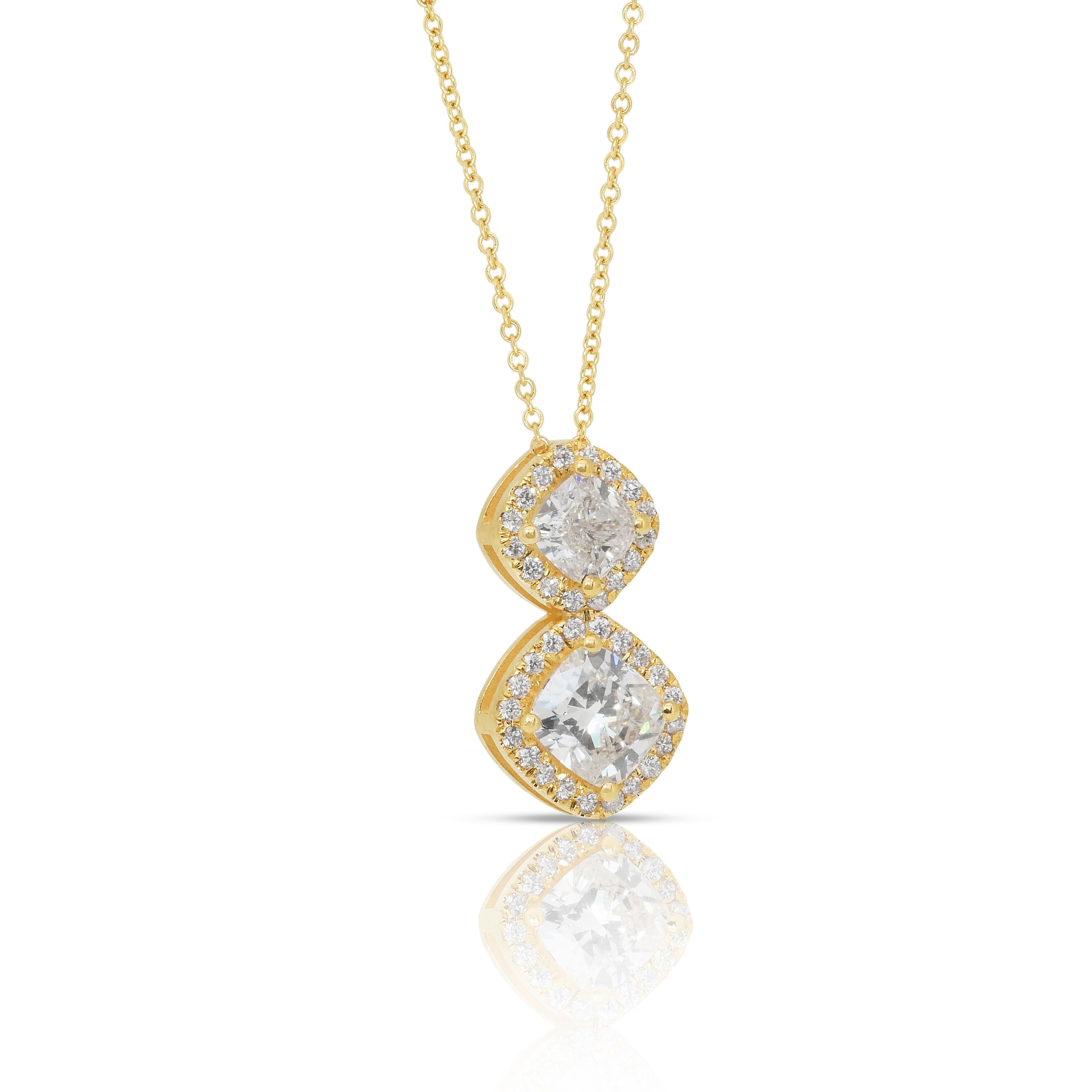 Taille coussin Collier sophistiqué de 1,89ct de diamants en or jaune 18k - certifié IGI en vente