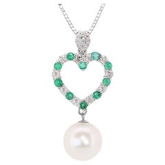 Elegant 18K White Gold Pendant w/ Pearl, Emerald, & Diamond - Chain not included