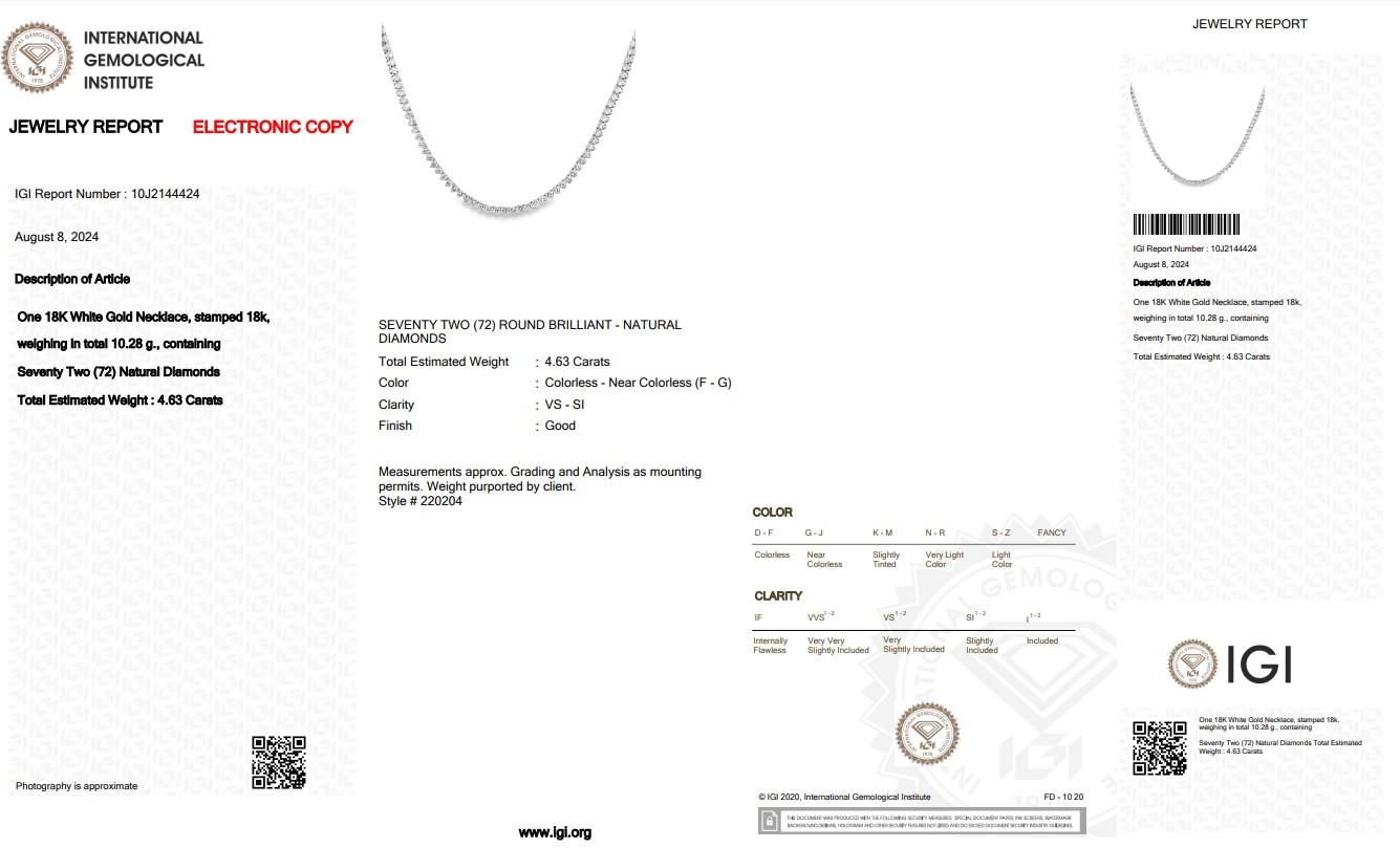 Women's Sophisticated 4.63ct Diamonds Chain Necklace in 18k White Gold - IGI Certified For Sale