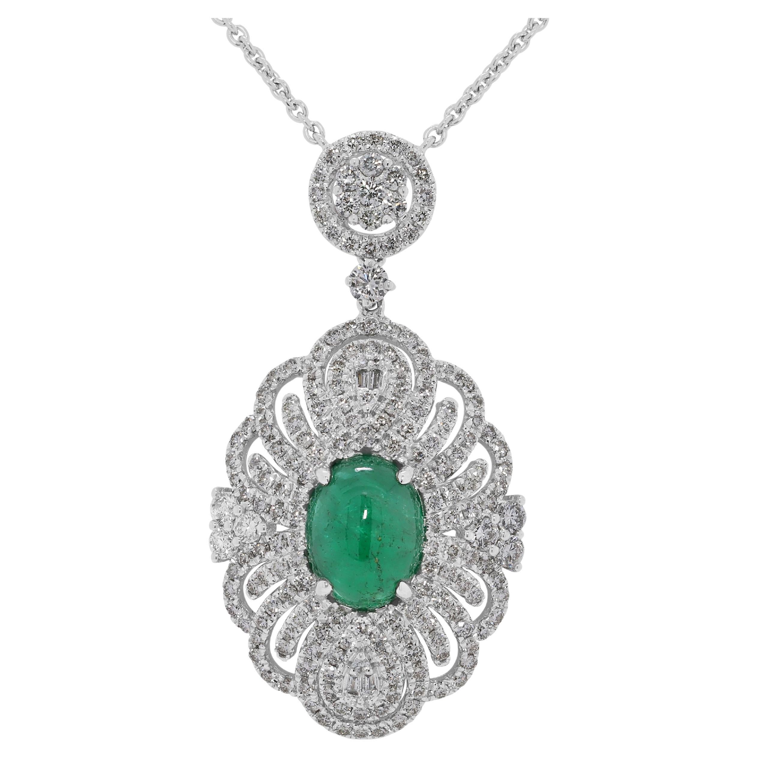 Sophisticated 5.63ct Emerald & Natural Diamond Necklace in 18K White Gold For Sale