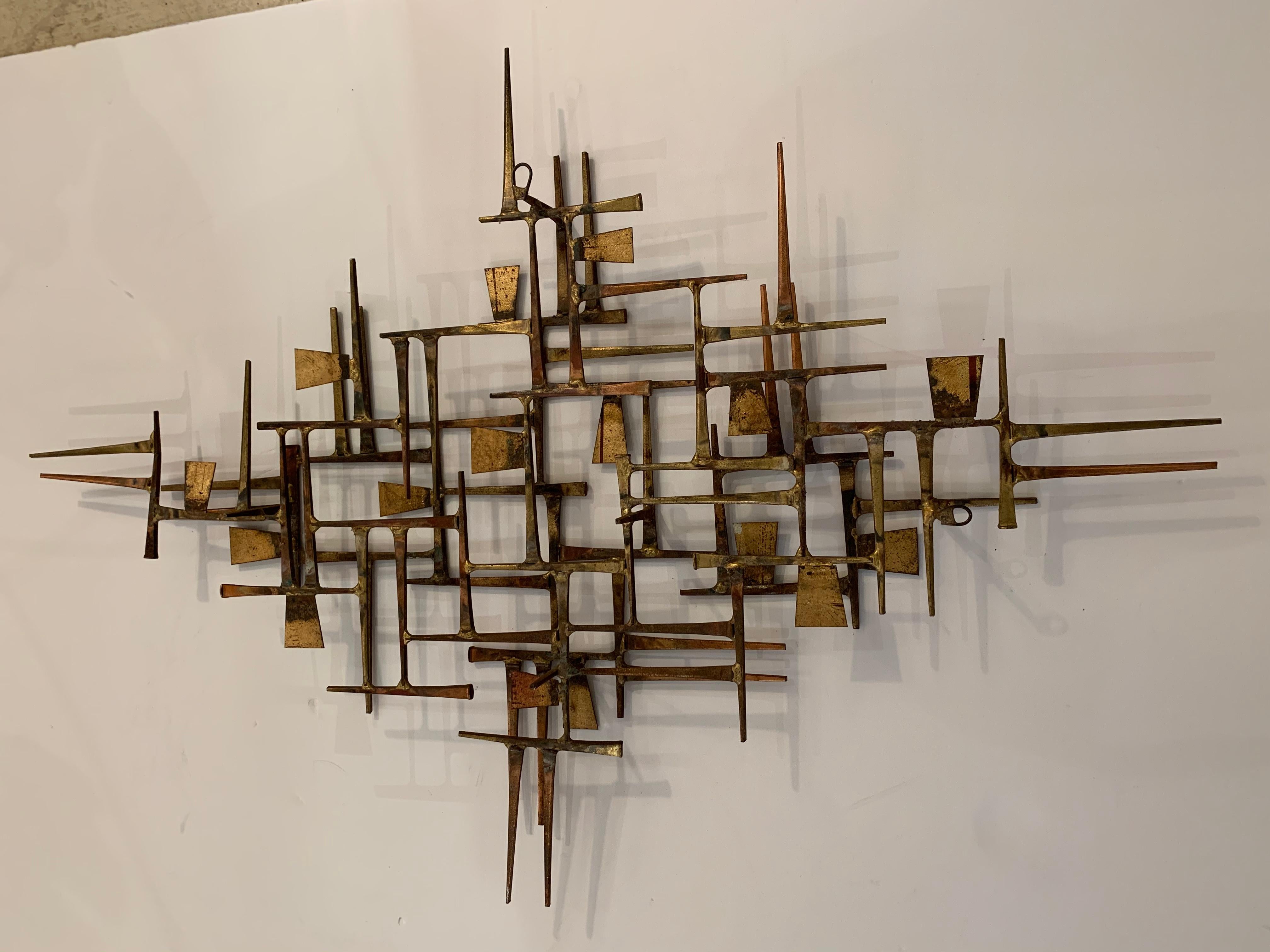 American Sophisticated Abstract Mid-Century Modern Brass Wall Sculpture