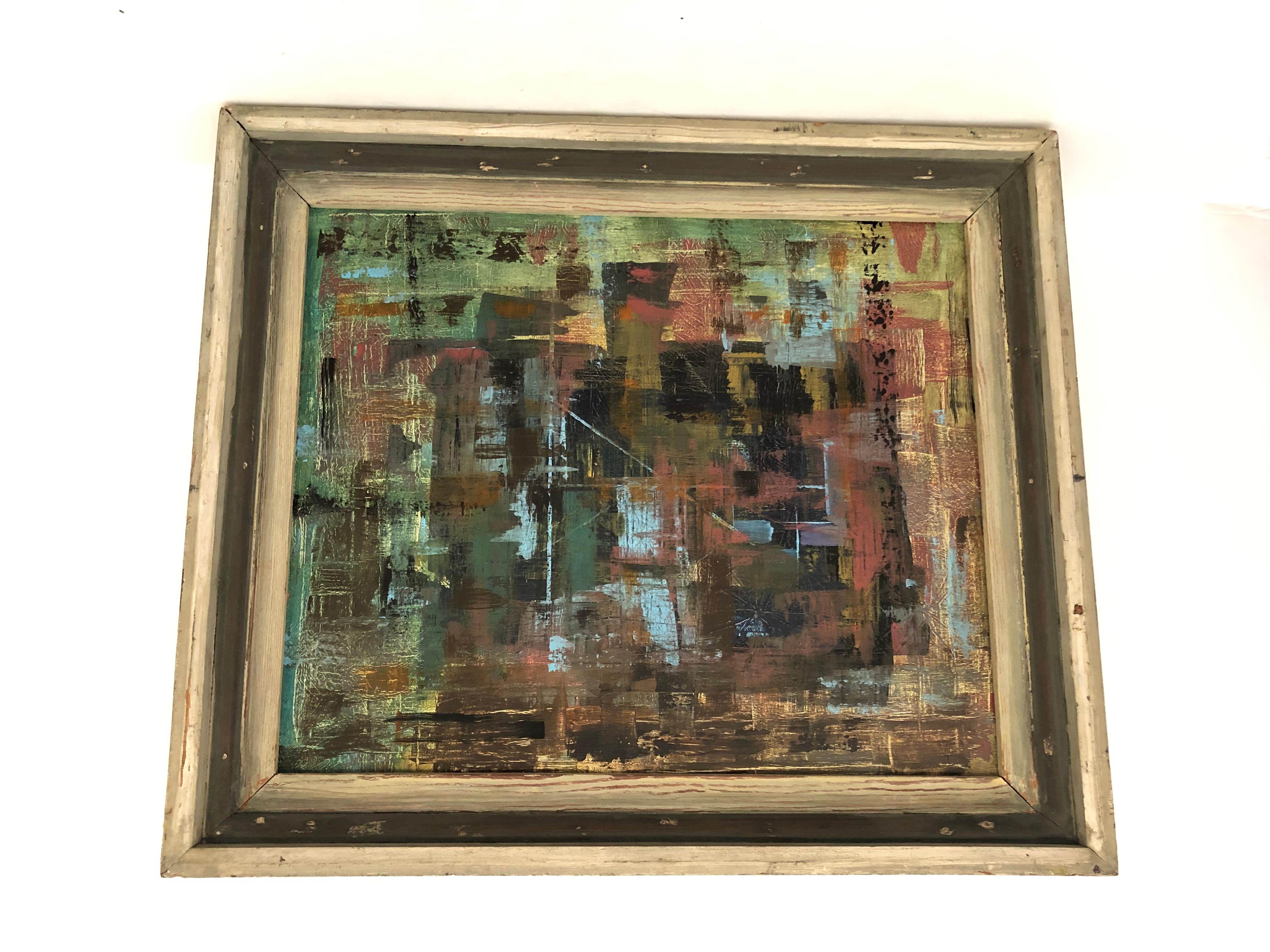 Sophisticated Abstract Painting in Distressed Vintage Frame For Sale 8
