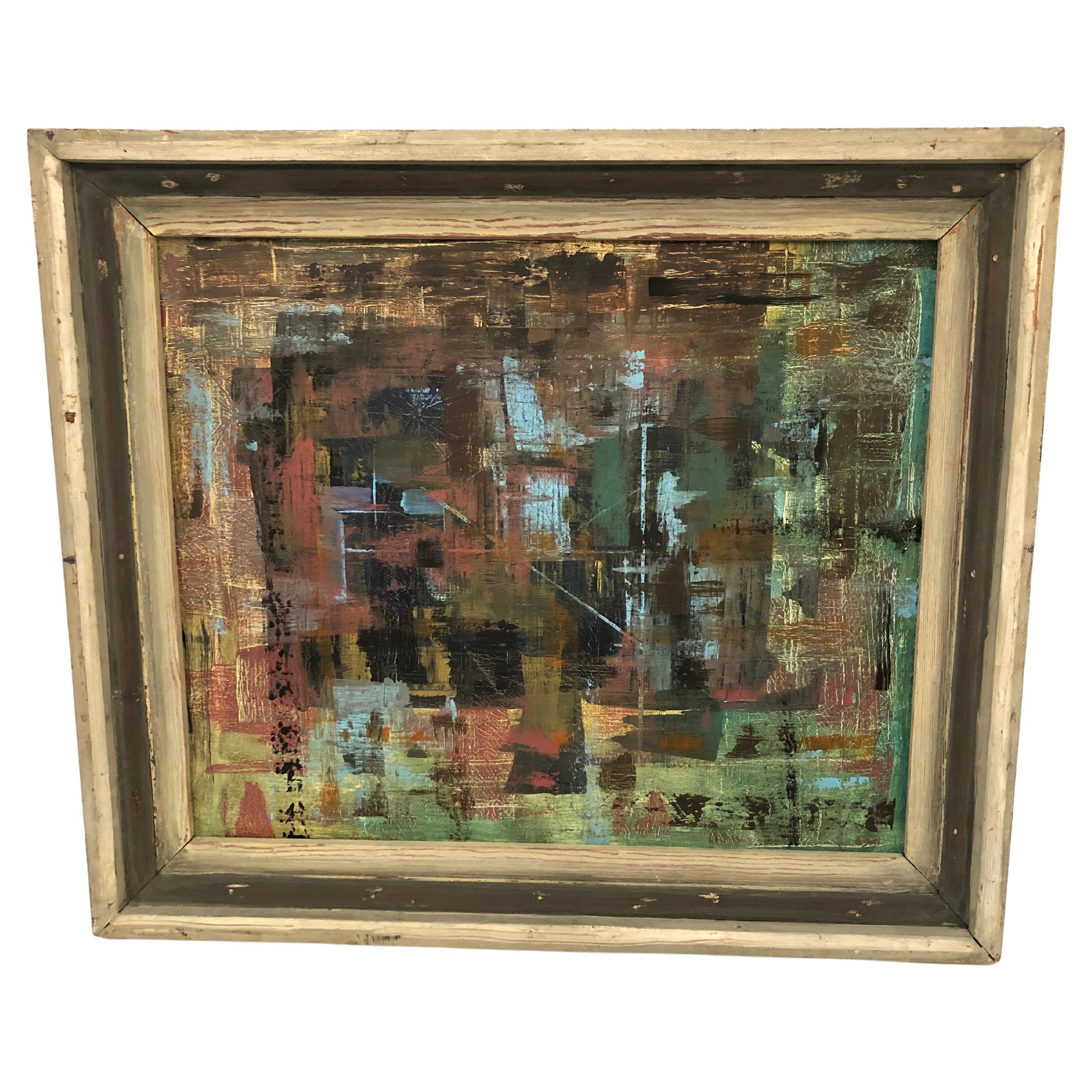 Sophisticated Abstract Painting in Distressed Vintage Frame For Sale
