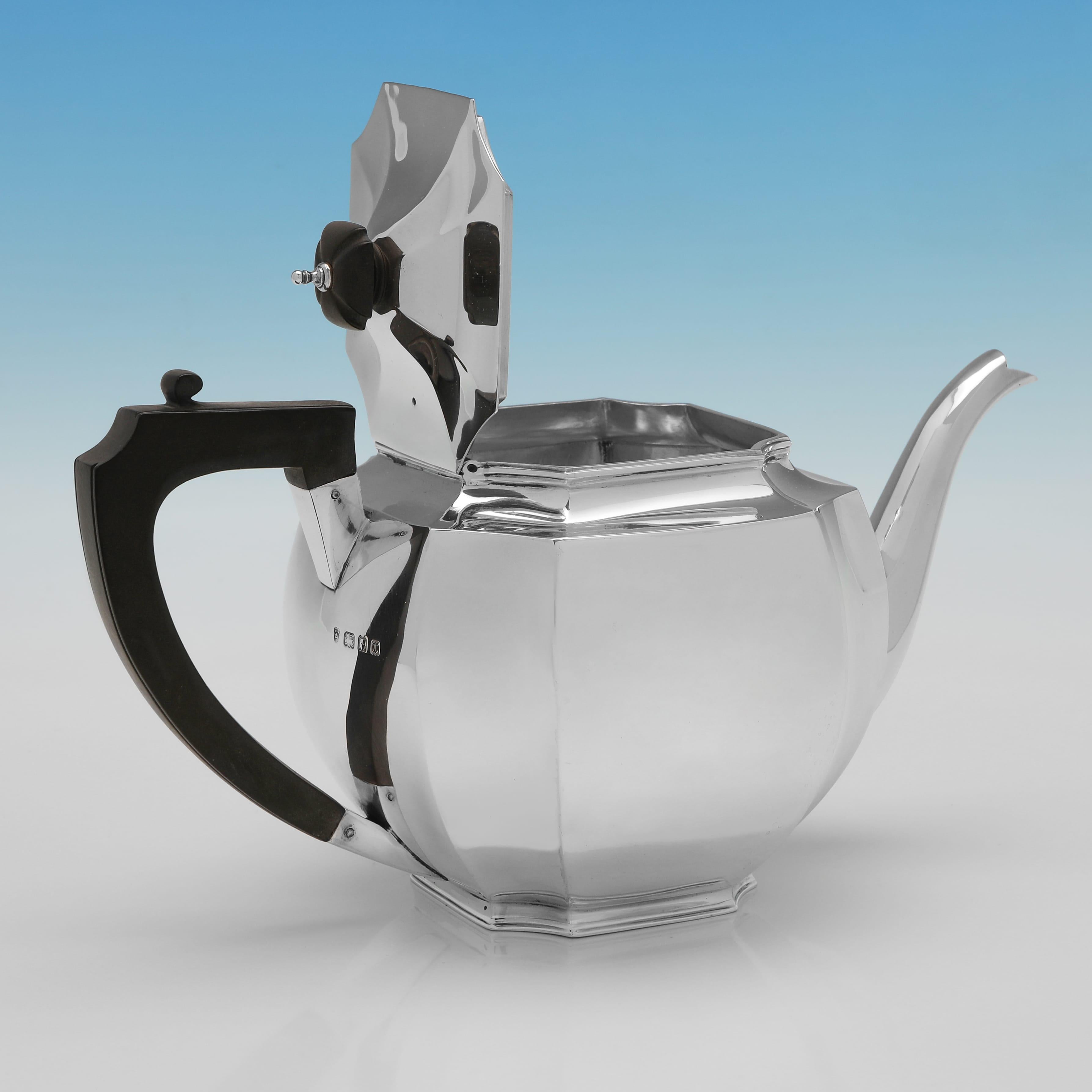 English Sophisticated Art Deco Sterling Silver Tea Set by C.S. Harris, 1930 For Sale