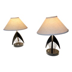 Vintage Sophisticated Atomic Table Lamps Black Mahogany Fine Brass Rods Style Raak 1950s