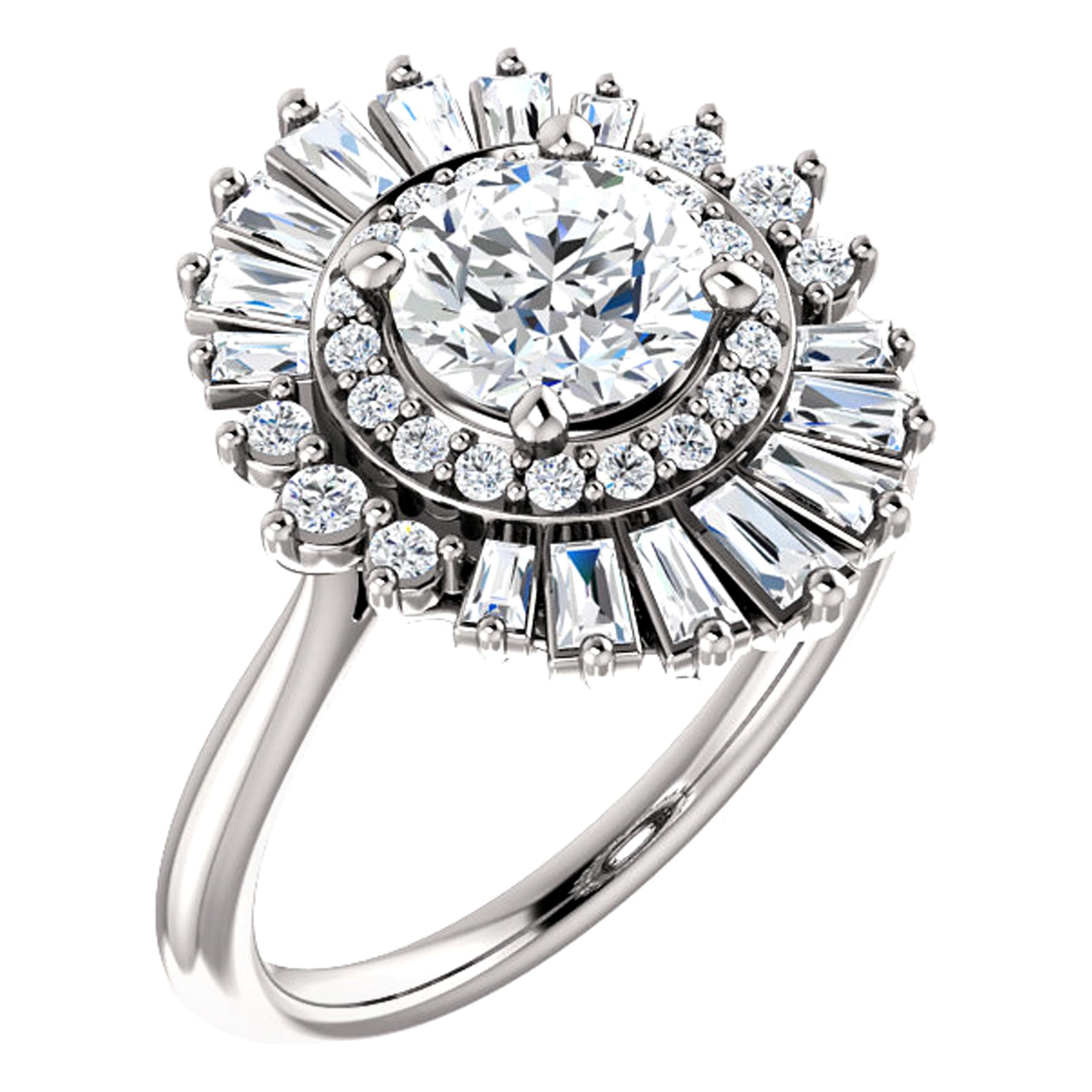 Sophisticated Baguette Halo Design Round Brilliant GIA Certified Engagement Ring For Sale