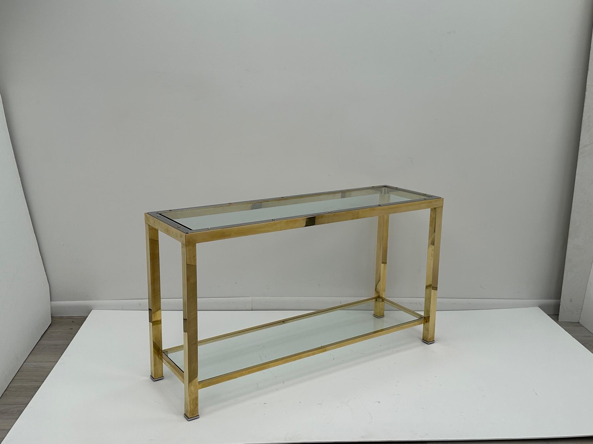 American Sophisticated Brass Glass and Chrome Console Table Attributed to Pierre Cardin For Sale