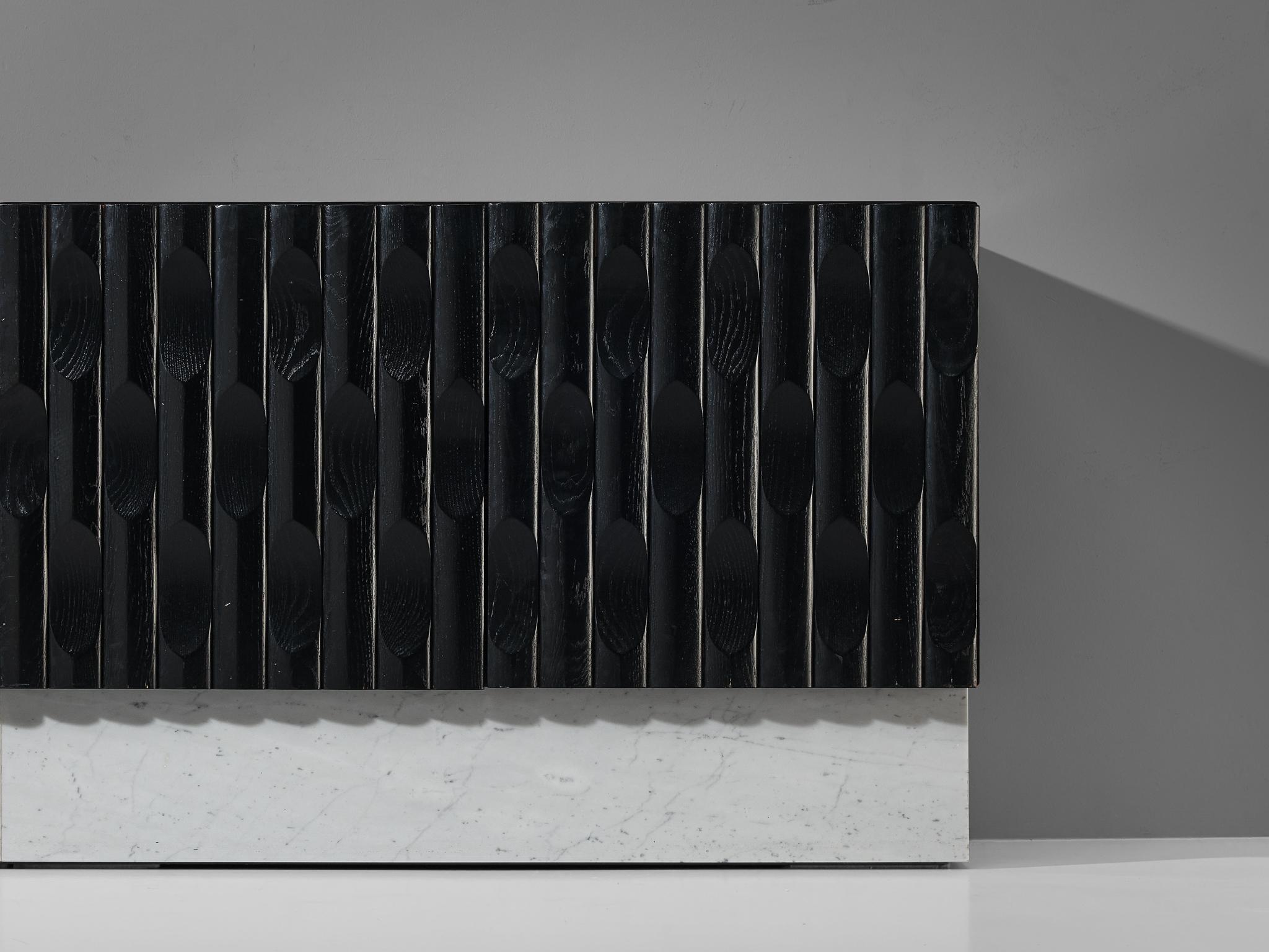 Sophisticated Brutalist Sideboard in Marble and Black Lacquered Oak  3