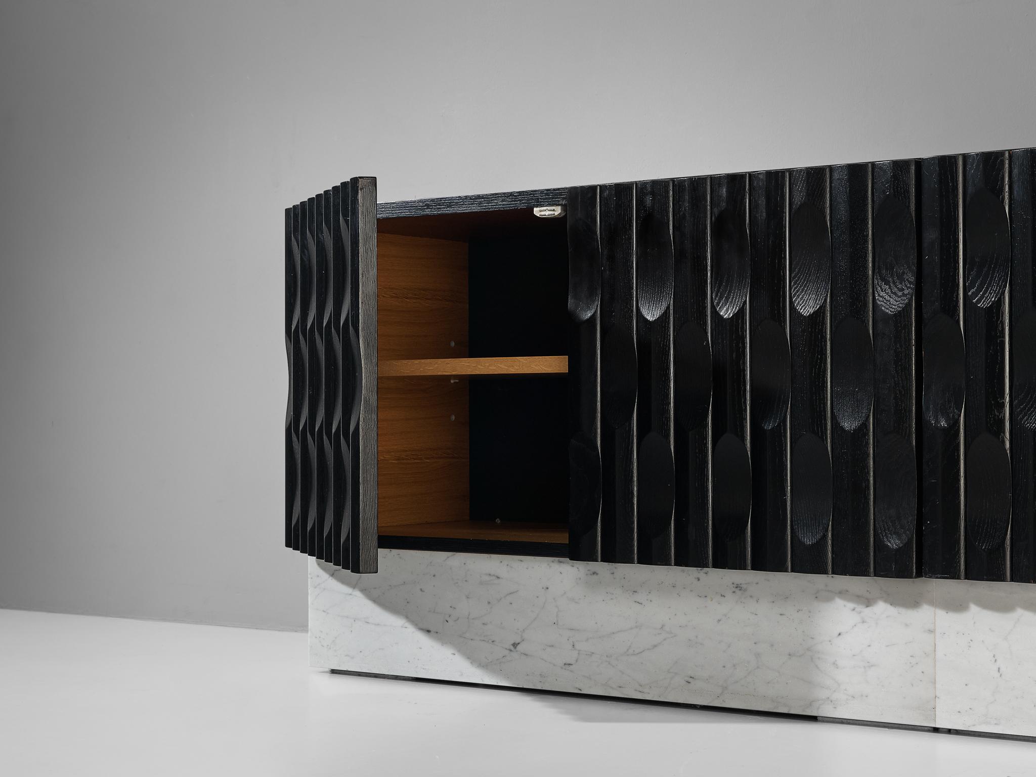 Belgian Sophisticated Brutalist Sideboard in Marble and Black Lacquered Oak 