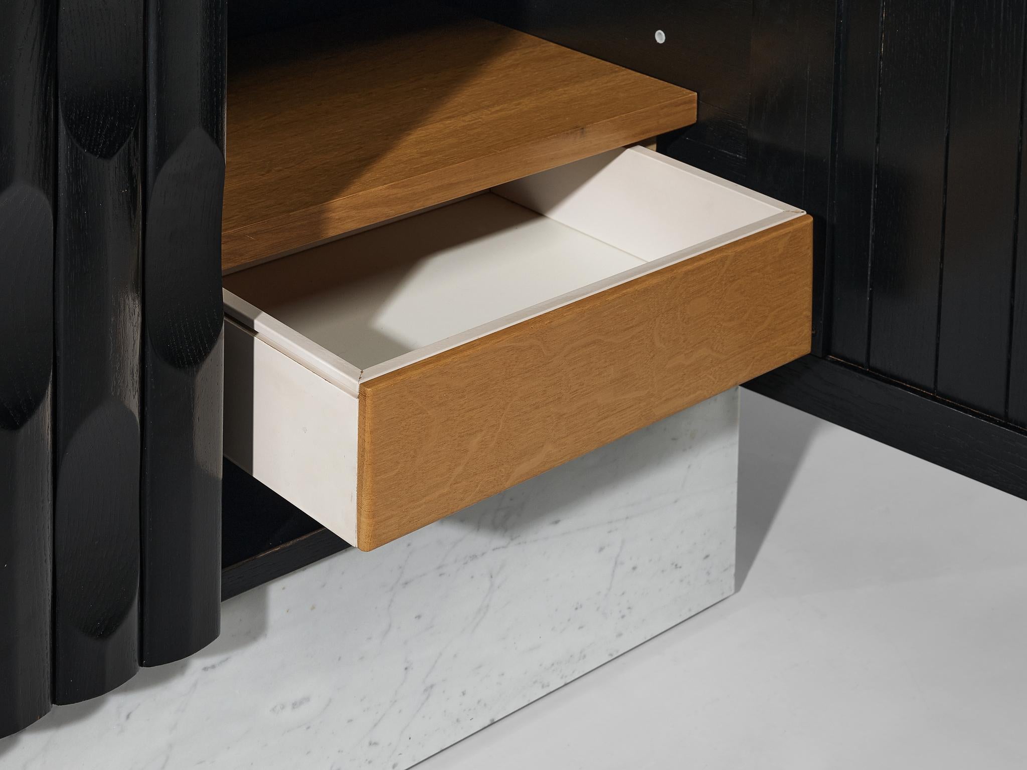 Wood Sophisticated Brutalist Sideboard in Marble and Black Lacquered Oak 