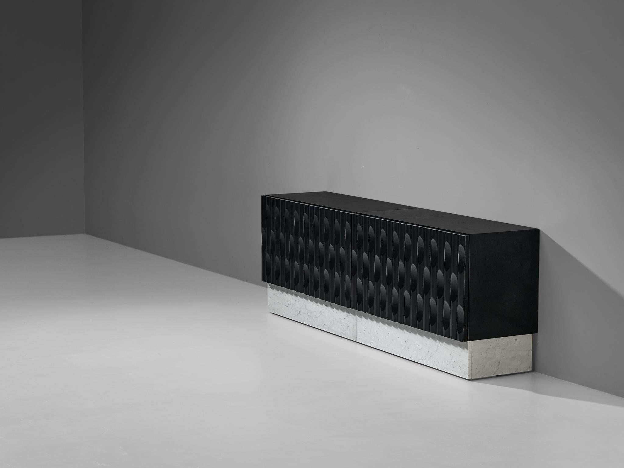 Sophisticated Brutalist Sideboard in Marble and Black Lacquered Oak  1