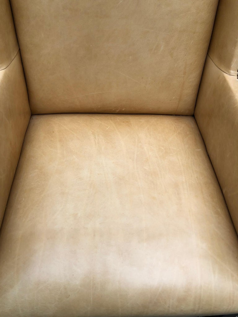 Sophisticated Camel Leather and Brass Nailhead Wingback Chair at