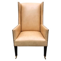 Sophisticated Camel Leather & Brass Nailhead Wingback Chair