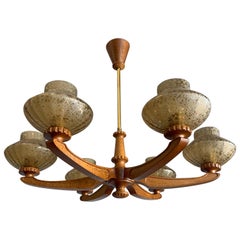Sophisticated Carved Oak Danish Design 6-Light Chandelier with Art Glass Shades