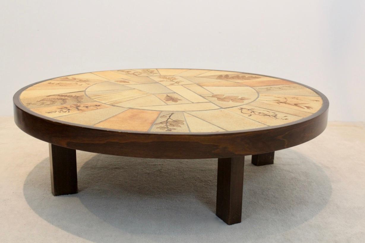 Mid-Century Modern Sophisticated Ceramic Tiled and Oakwood Artwork Coffee Table by Roger Capron