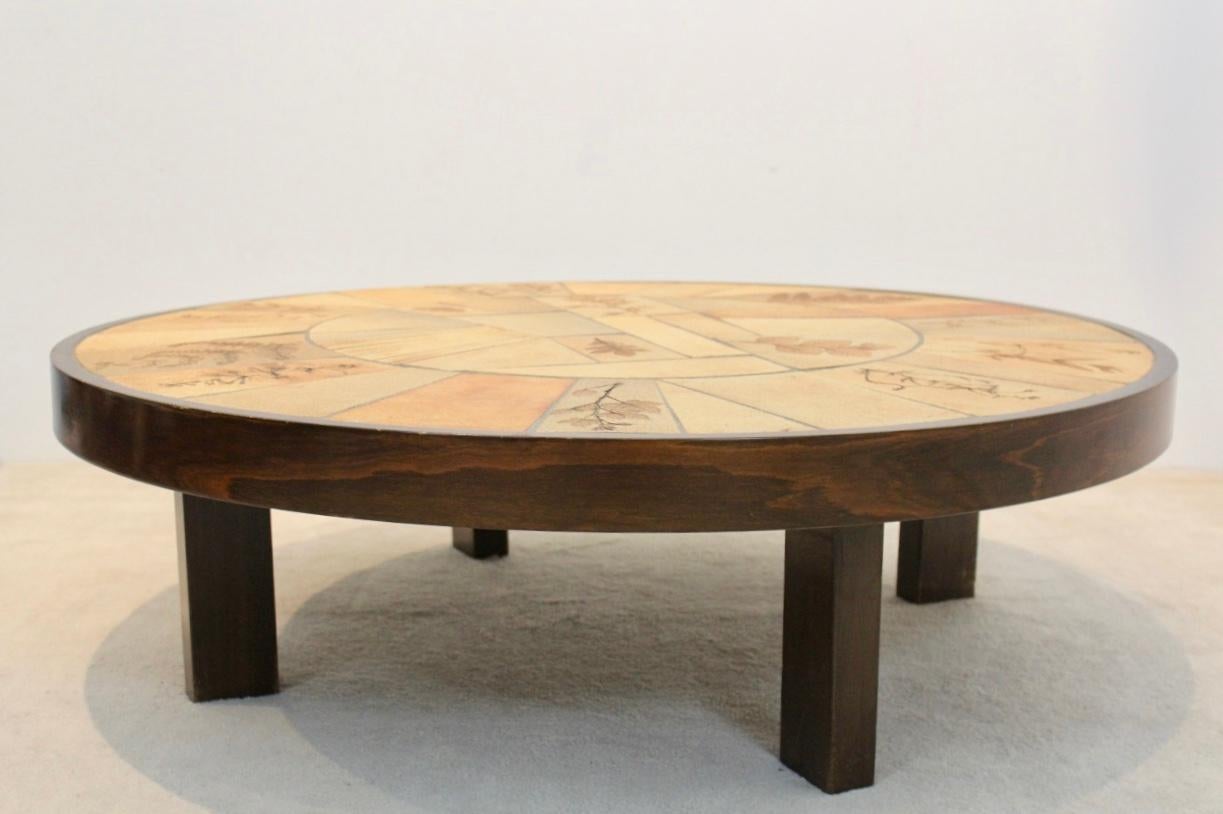 20th Century Sophisticated Ceramic Tiled and Oakwood Artwork Coffee Table by Roger Capron