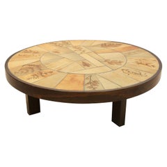 Sophisticated Ceramic Tiled and Oakwood Artwork Coffee Table by Roger Capron