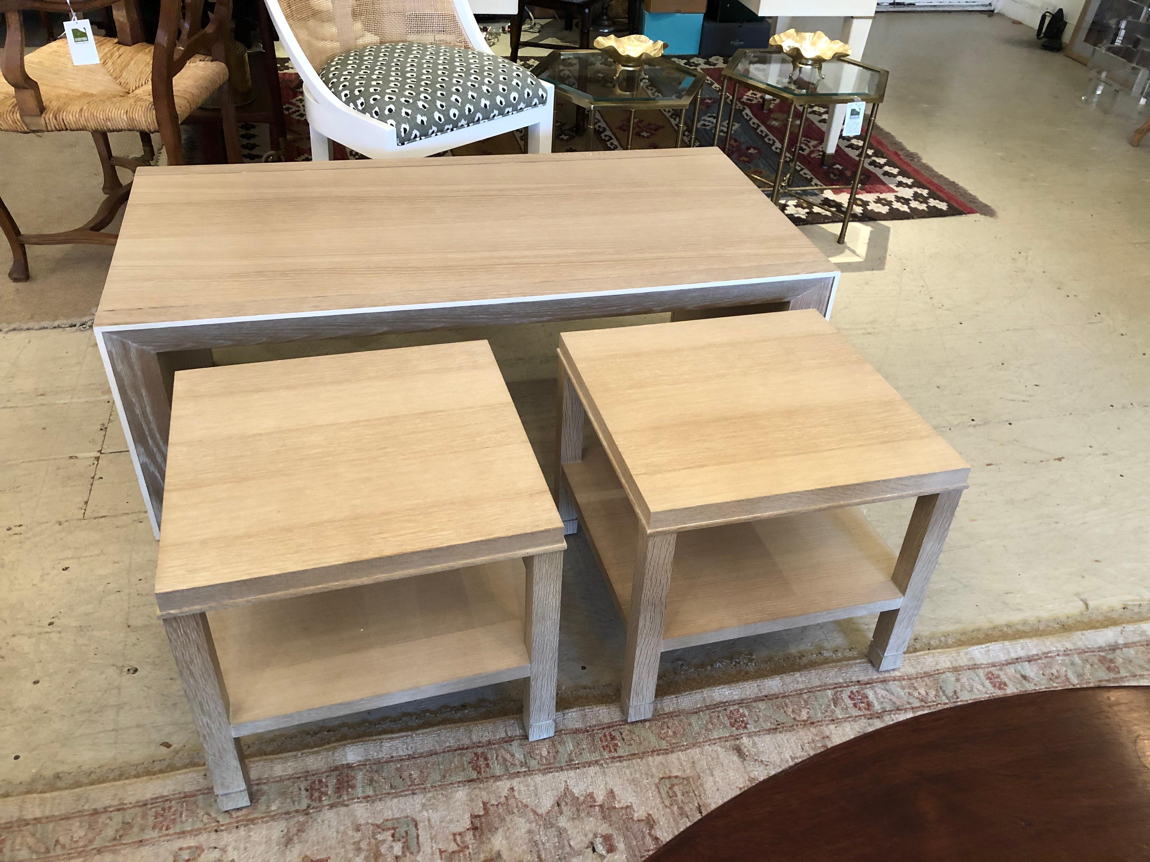 Contemporary Sophisticated Cerused Wood Rectangular Coffee Table with Matching End Tables For Sale