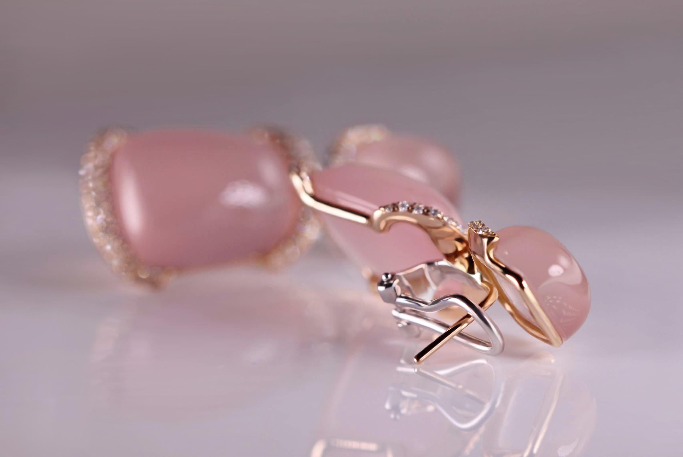 Round Cut Sophisticated Charm: 18kt Rose Gold Earrings with Pink Quartz and Diamonds For Sale