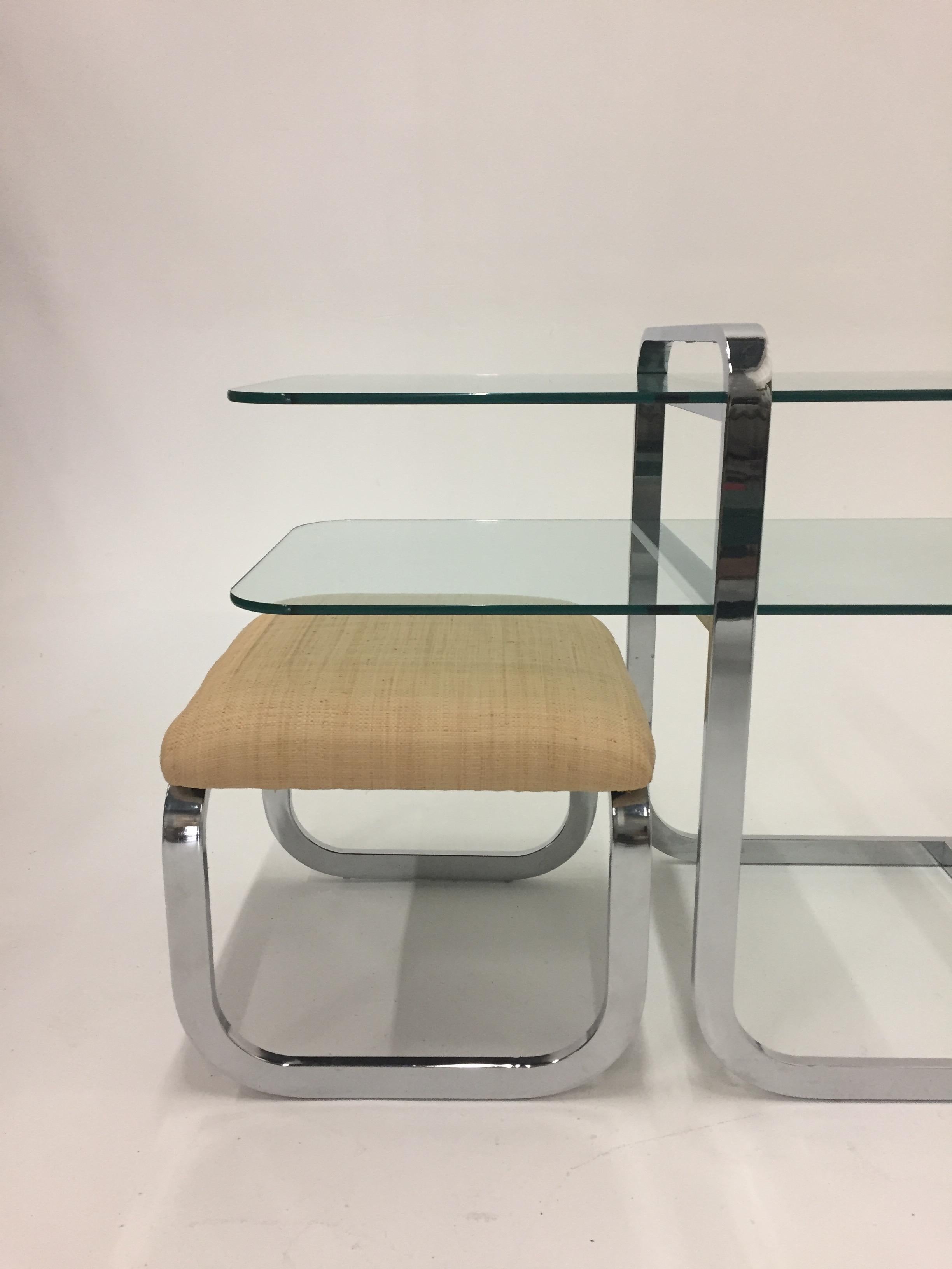 Sophisticated Chrome and Glass Two-Tier Console Table with Matching Benches 3