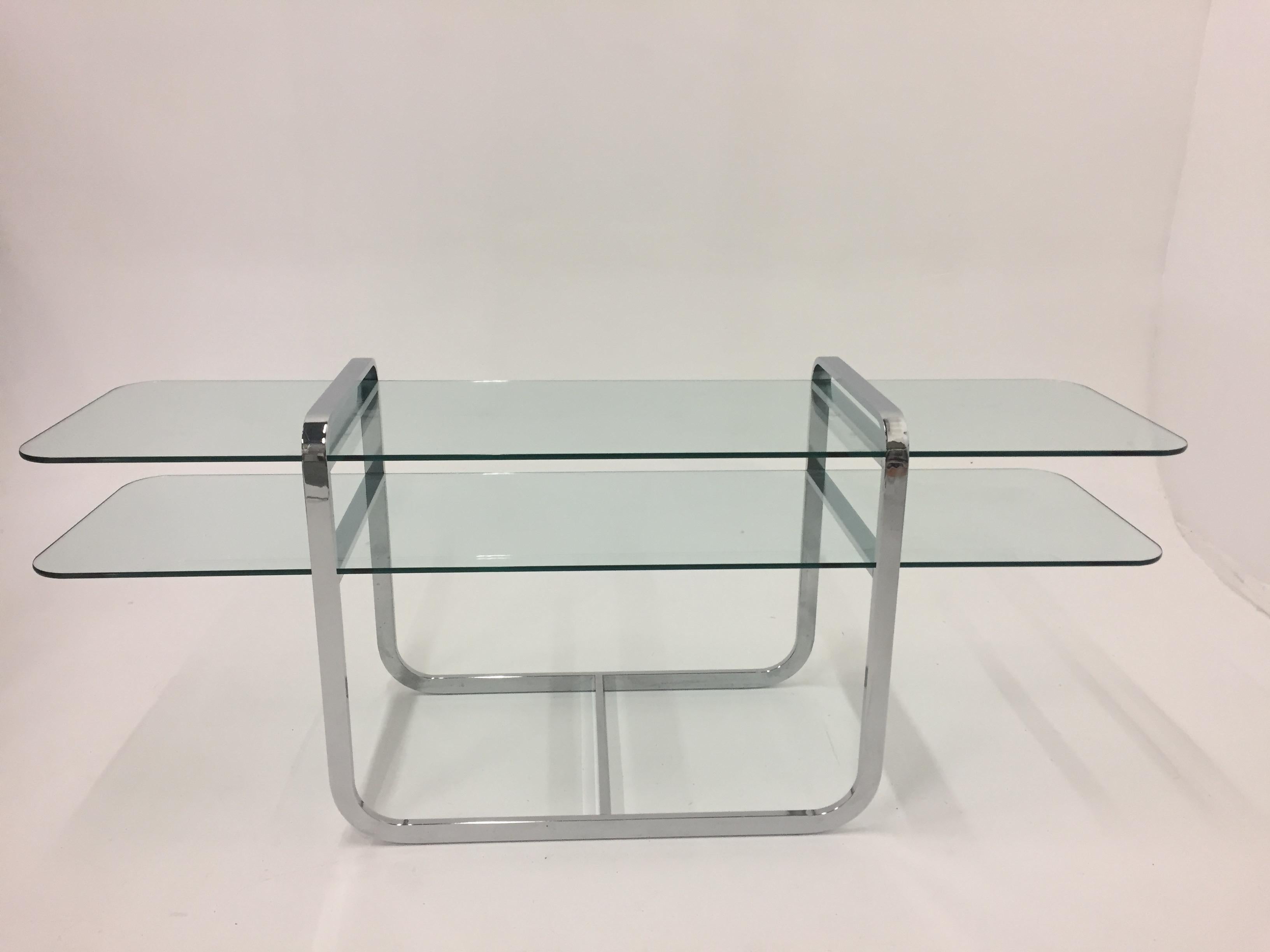 Mid-Century Modern Sophisticated Chrome and Glass Two-Tier Console Table with Matching Benches