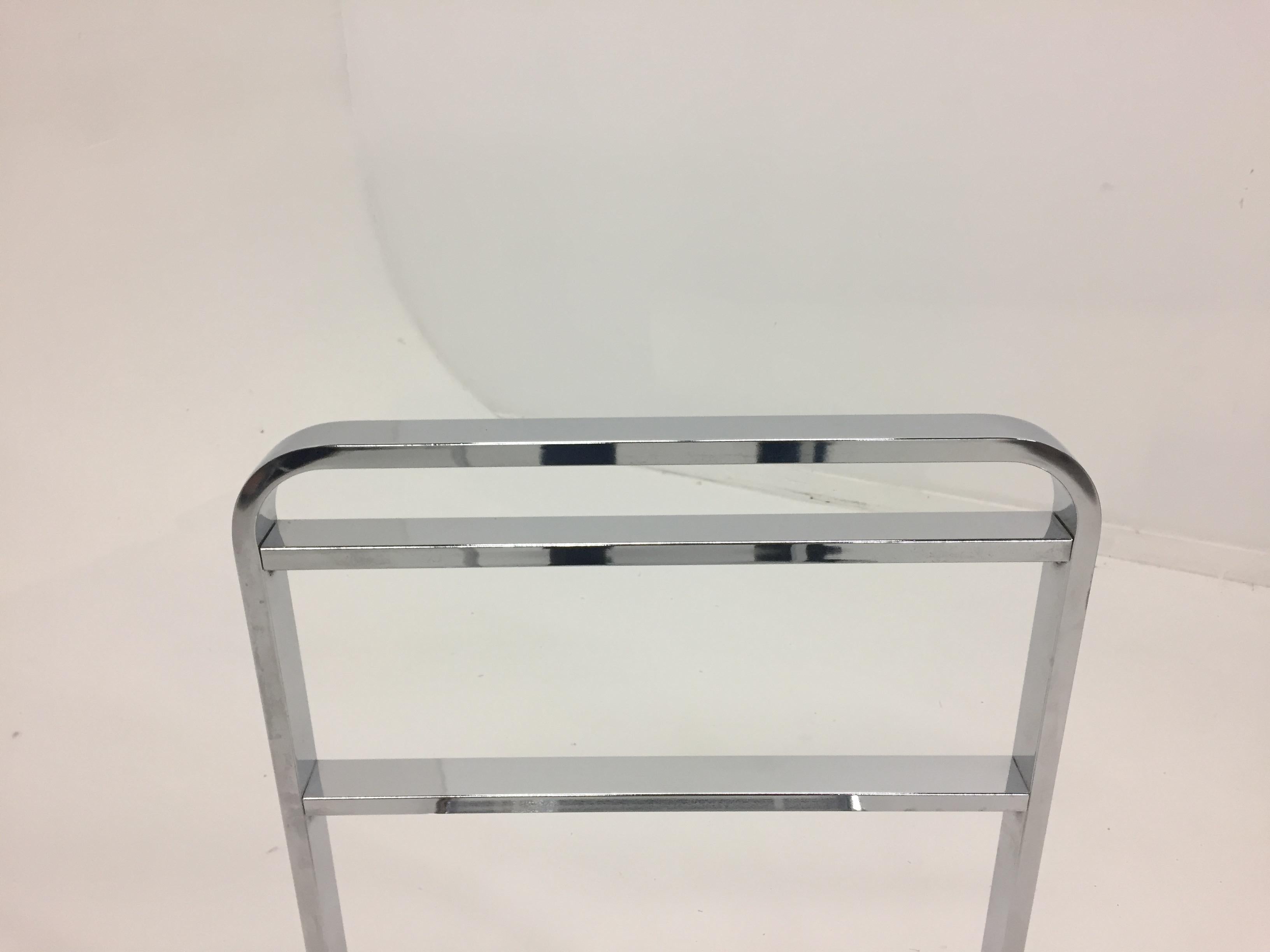 Raffia Sophisticated Chrome and Glass Two-Tier Console Table with Matching Benches