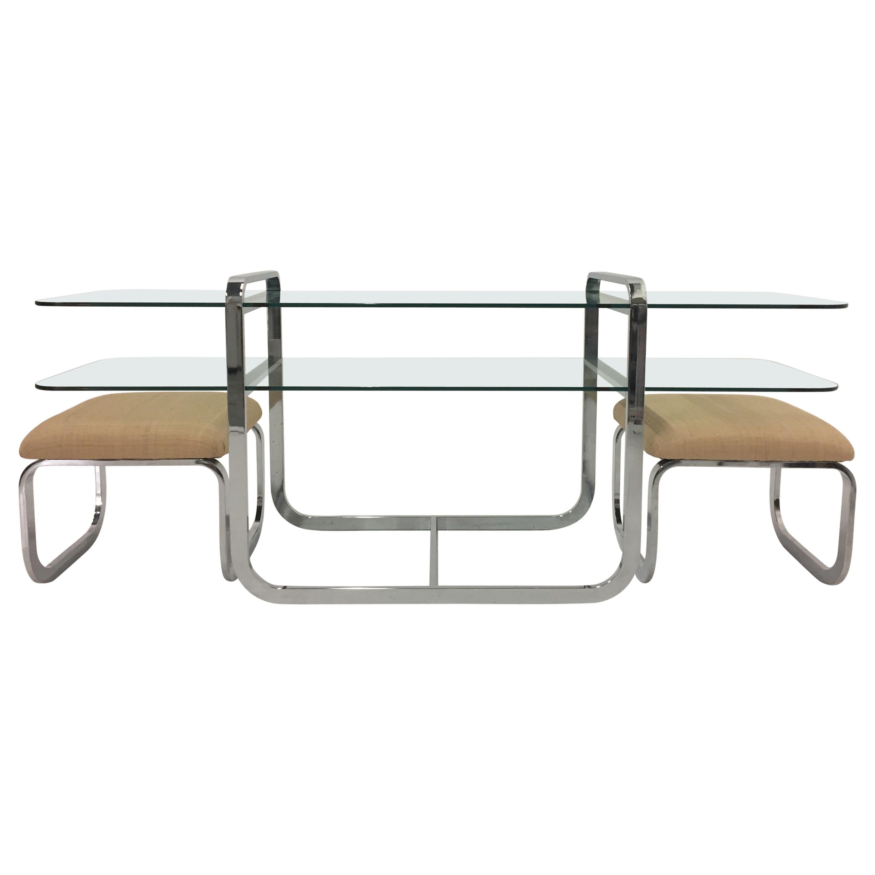 Sophisticated Chrome and Glass Two-Tier Console Table with Matching Benches
