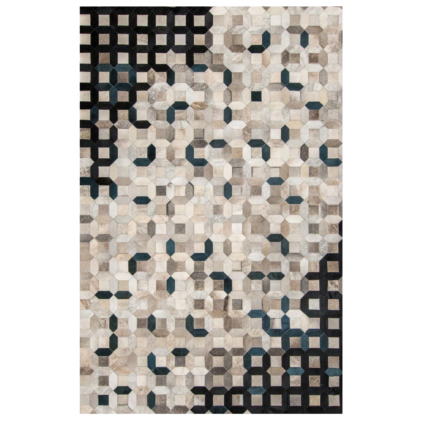 Black, gray tessellation Trellis Cowhide Area Floor Rug Large  For Sale