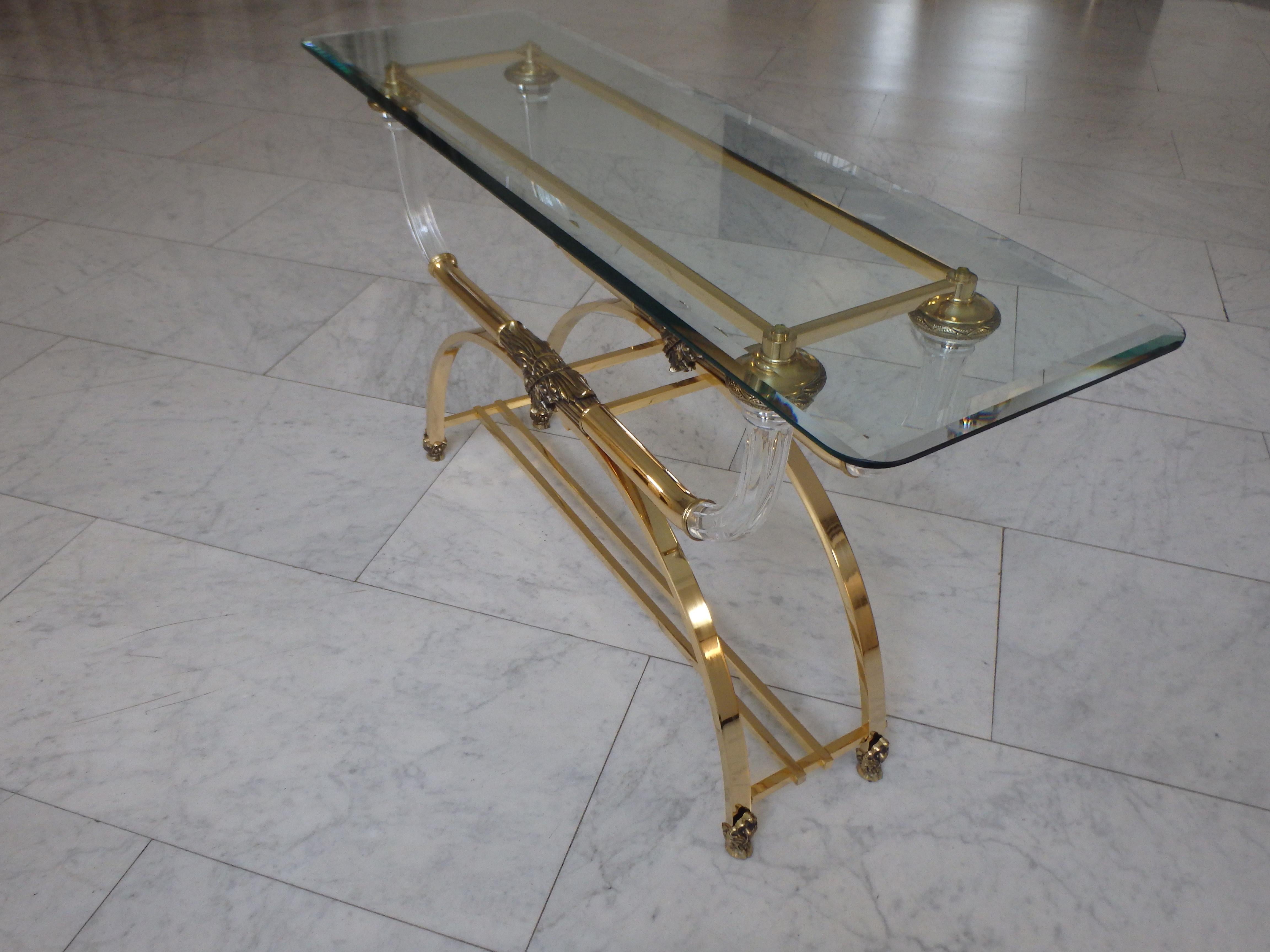 Sophisticated console brass and plexiglass with cut glass top For Sale 3