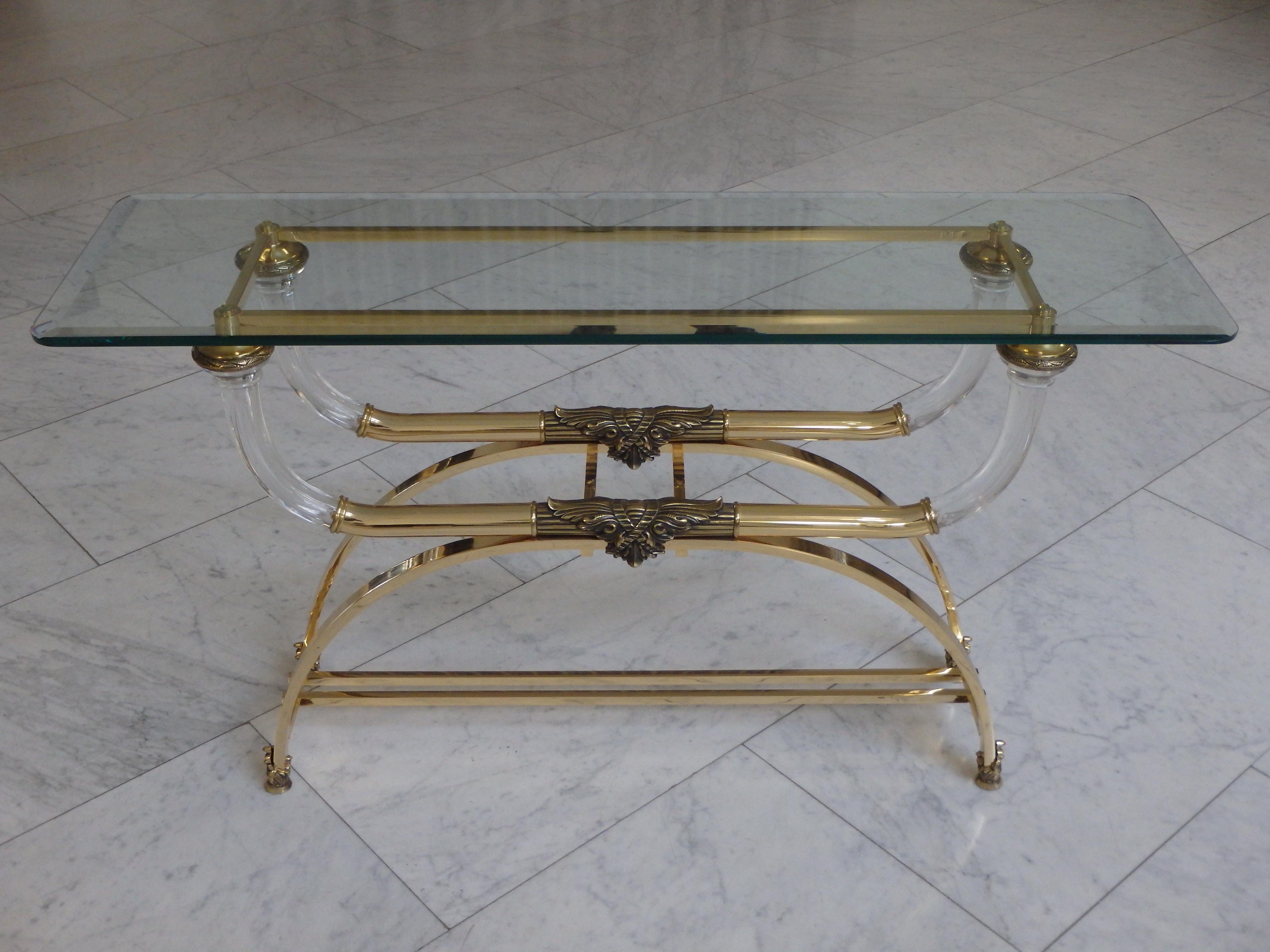Sophisticated console brass and plexiglass with cut glass top For Sale 5