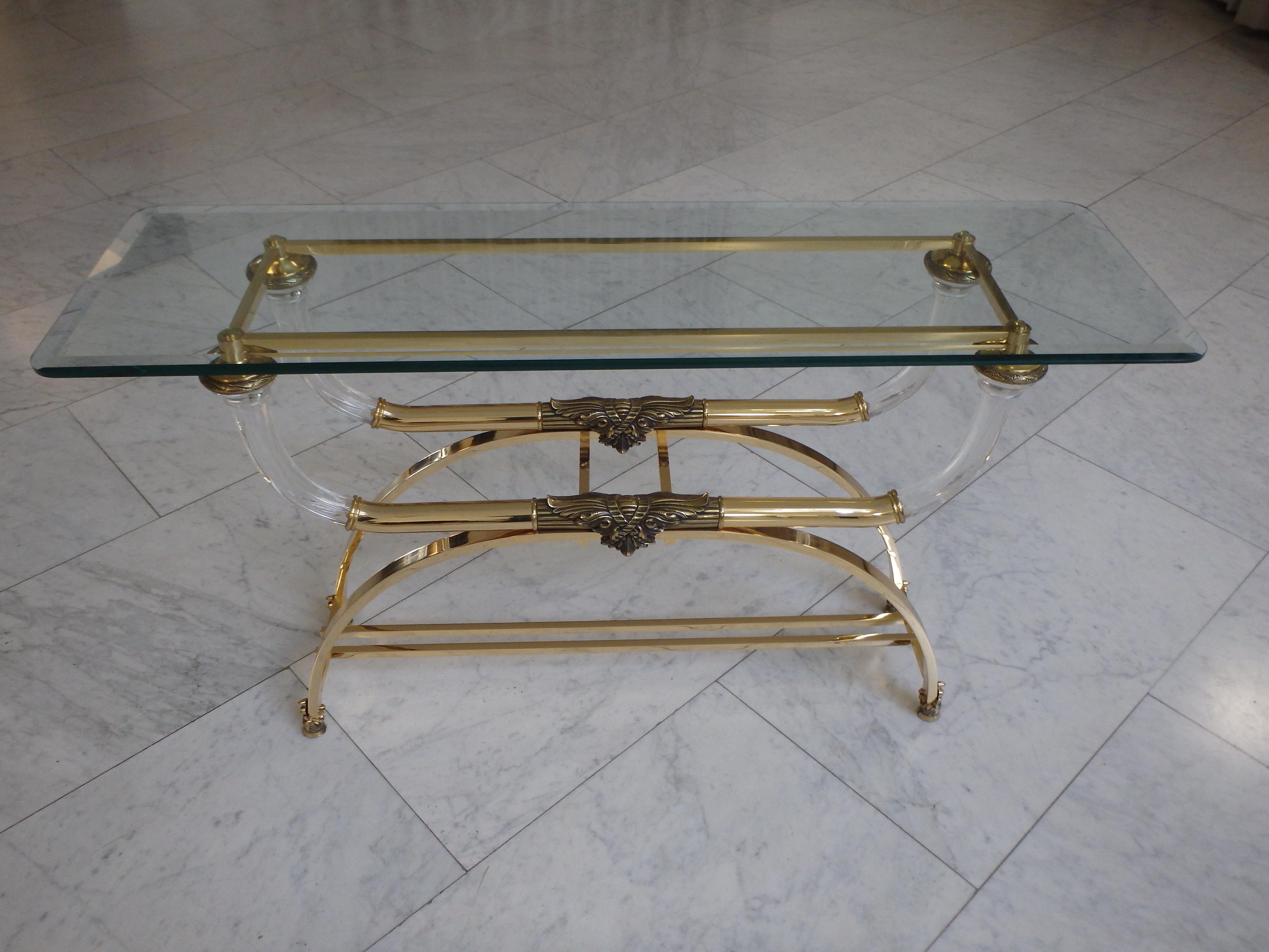 Sophisticated console brass and plexiglass with glass top